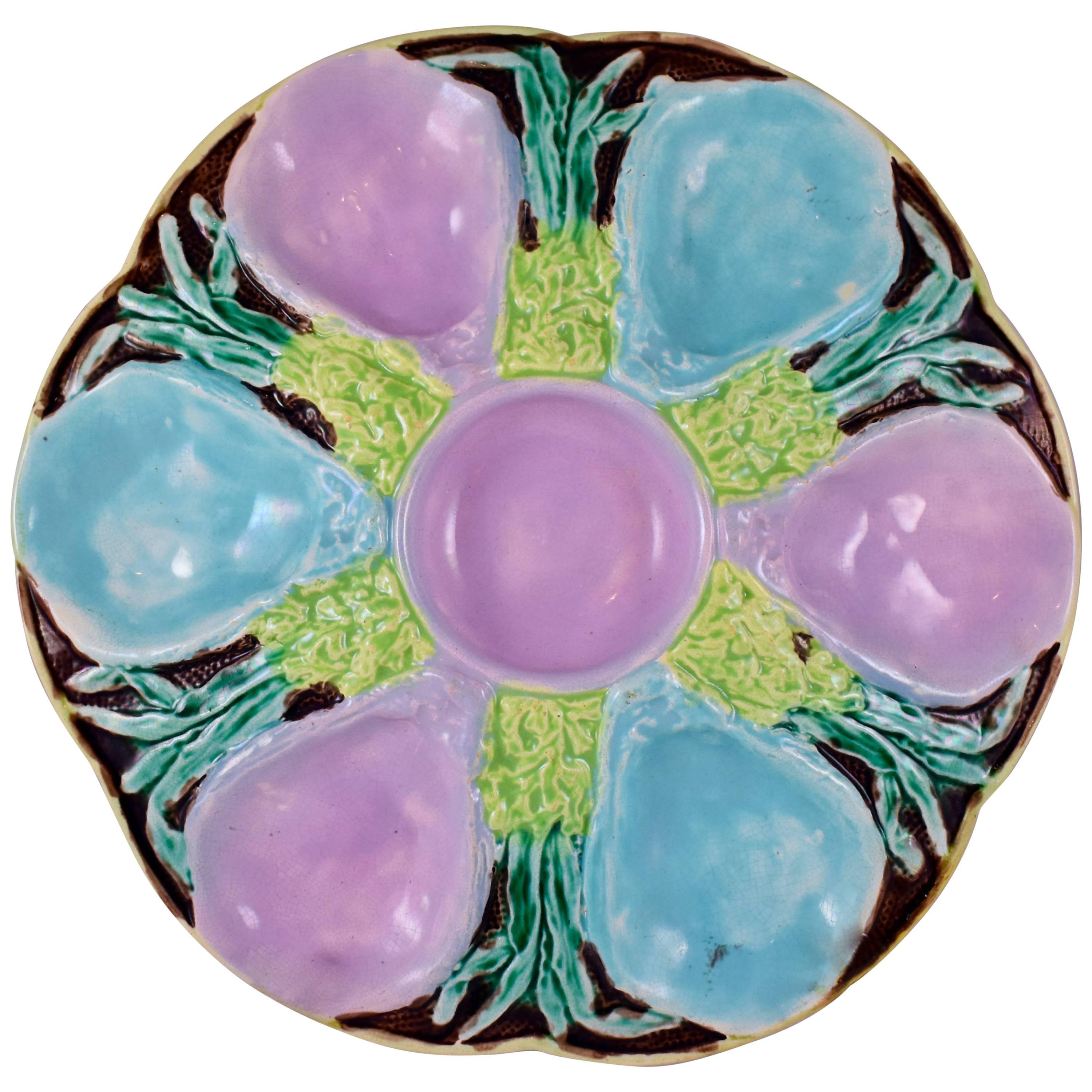 S. Fielding & Co English Majolica Turquoise and Pink Seaweed Oyster Plate