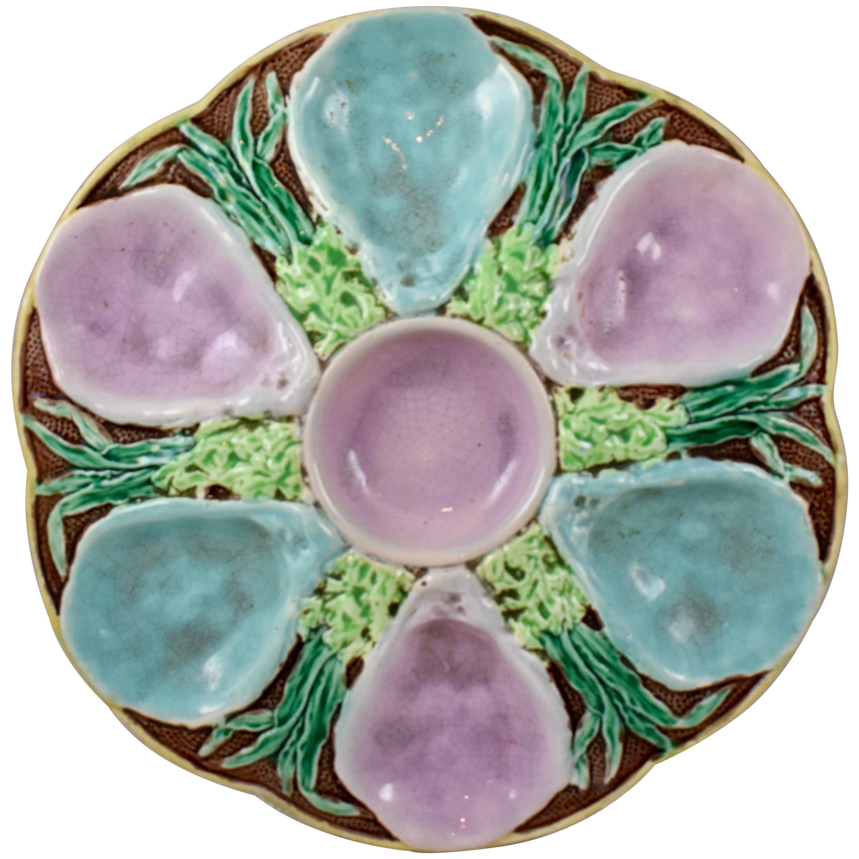 S. Fielding & Co. English Majolica Turquoise and Pink Seaweed Oyster Plate