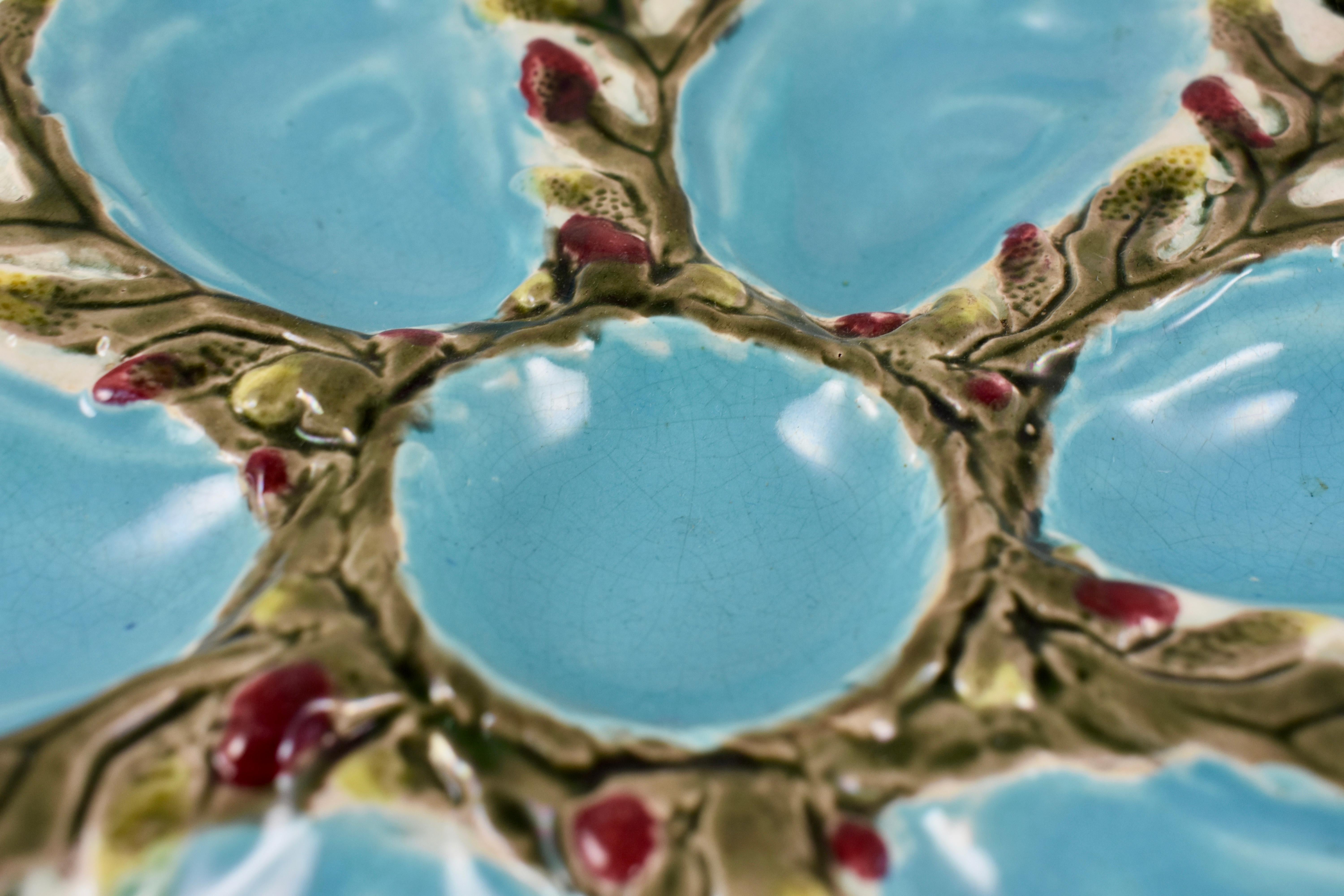 Glazed S. Fielding & Co. English Majolica Turquoise/White Shell & Seaweed Oyster Plate