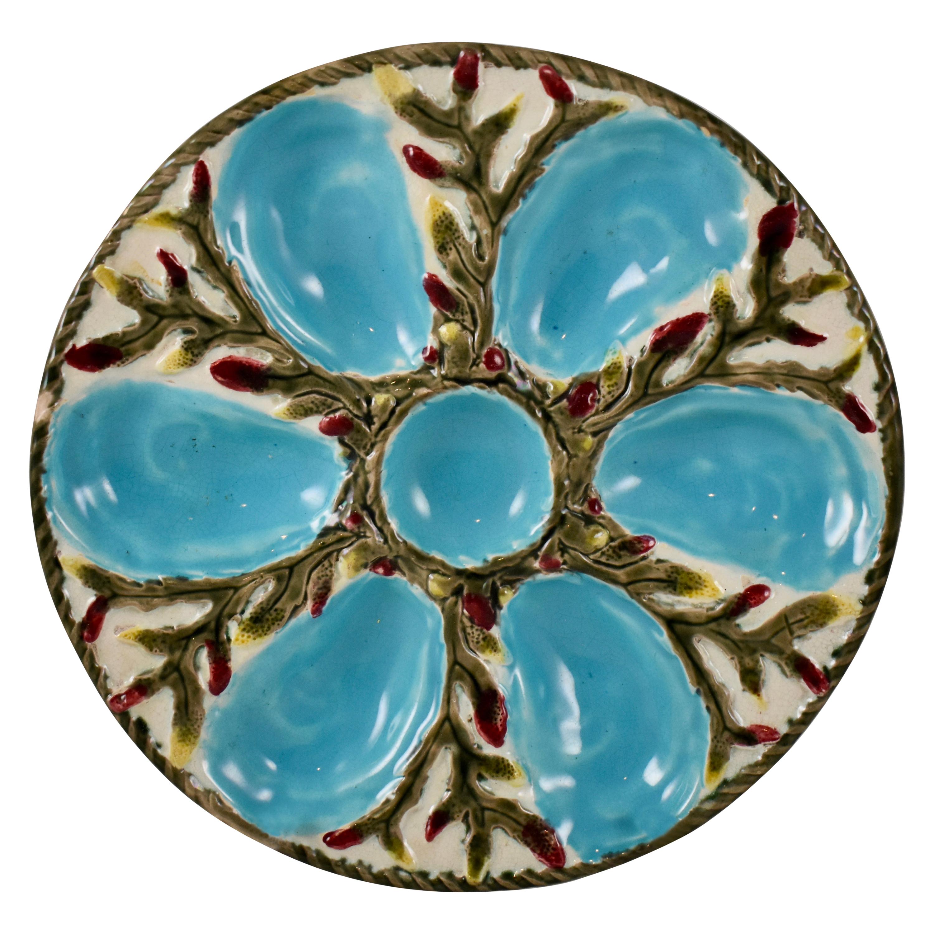 S. Fielding & Co. English Majolica Turquoise/White Shell & Seaweed Oyster Plate