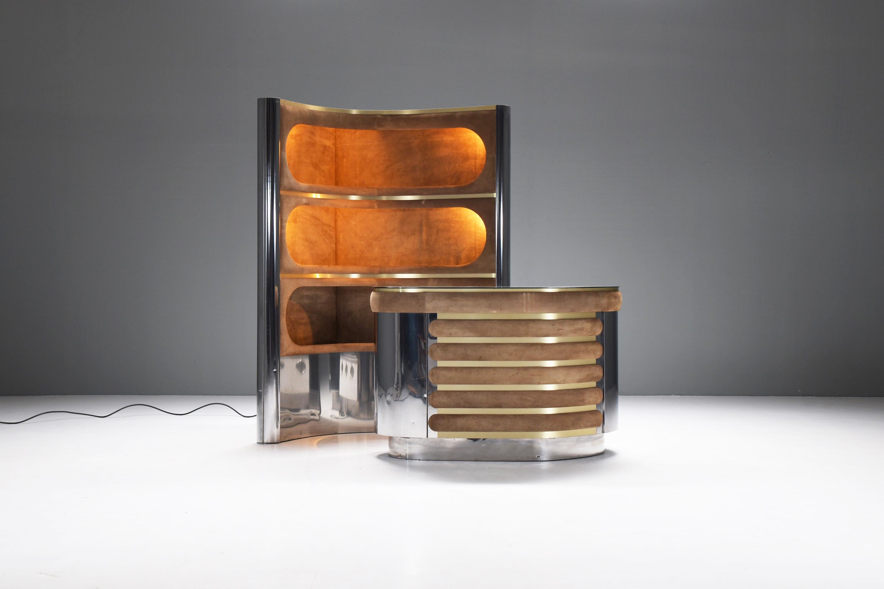 Willy Rizzo cocktail bar with fridge : chromed metal, suede, mirror and brass, Italy, 1970s Hollywood Regency cocktail bar, designed by Willy Rizzo in the 1970s. 

His bar cabinet designs are among his most prolific pieces of furniture. The set