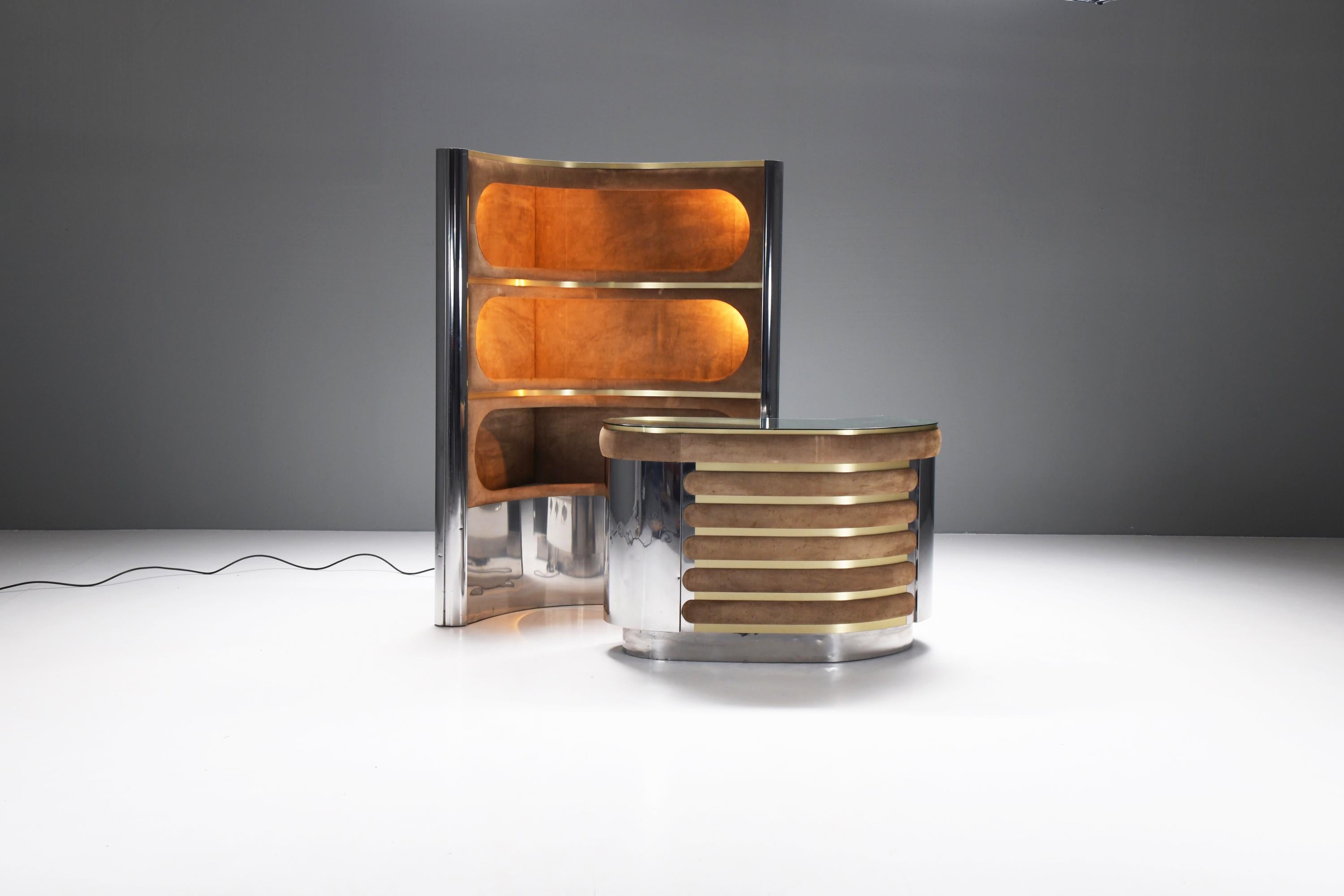Mid-Century Modern Stunning vintage Cocktail Bar in suede & chrome by Willy Rizzo Italy