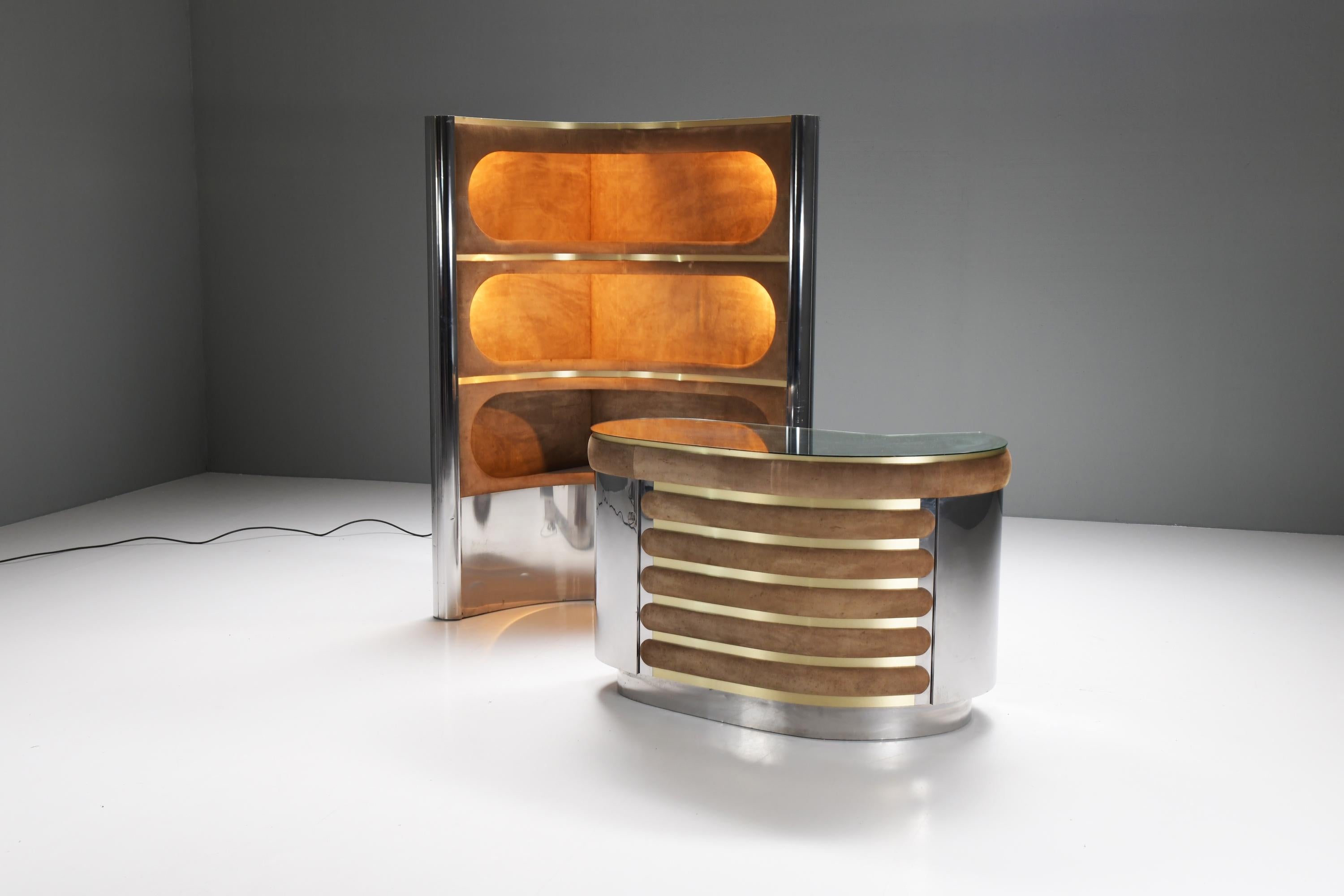 20th Century Stunning vintage Cocktail Bar in suede & chrome by Willy Rizzo Italy