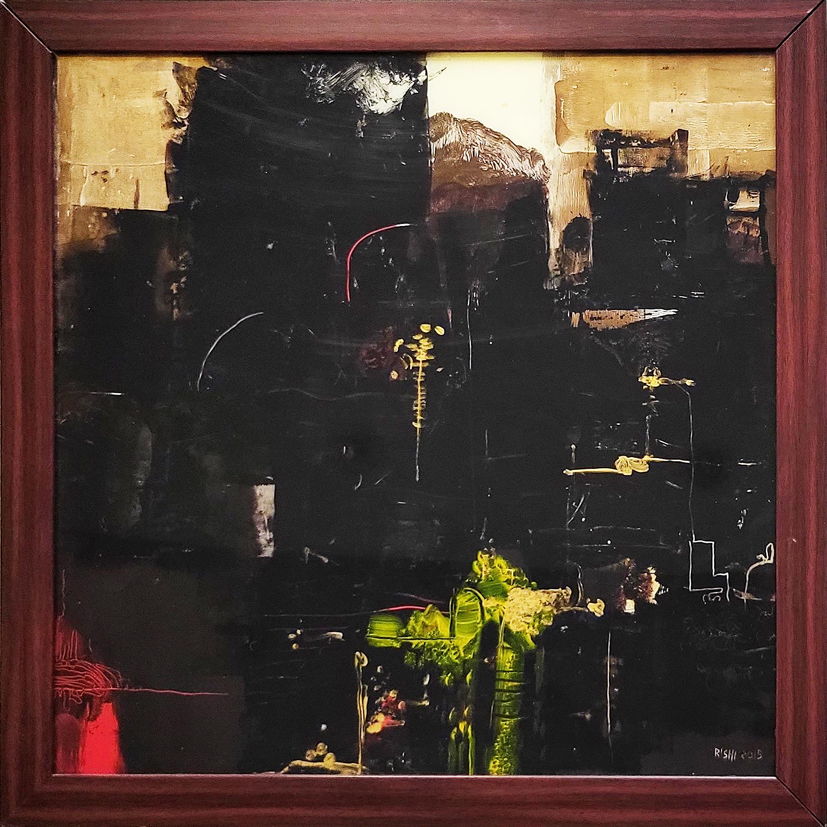 City Nocturnal, Öl auf Acryl, Schwarz, Rot, Gelb, vom indischen Künstler „In Stock“ – Painting von S. G. Vasudev