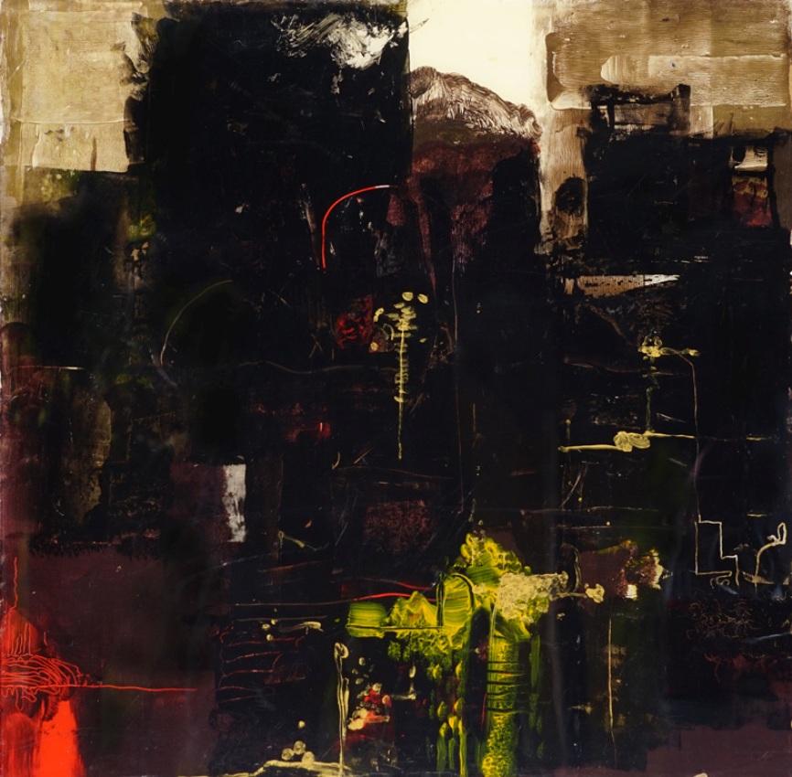 S. G. Vasudev Abstract Painting – City Nocturnal, Öl auf Acryl, Schwarz, Rot, Gelb, vom indischen Künstler „In Stock“