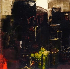 City Nocturnal, Oil on Acrylic, Black, Red, Yellow by Indian Artist "In Stock"