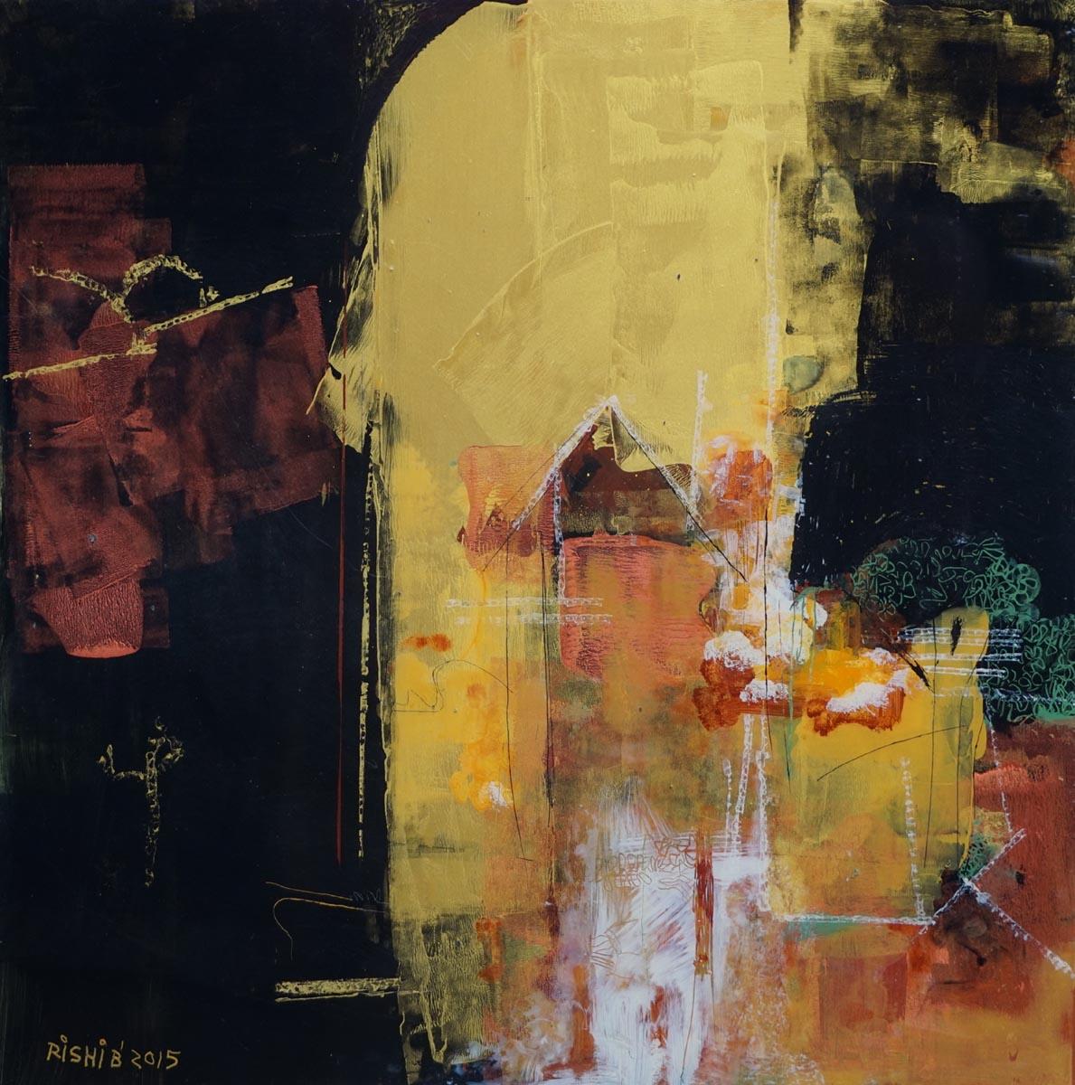 City Twilight, Oil on Acrylic, Black, Red, Yellow by Indian Artist "In Stock" - Mixed Media Art by S. G. Vasudev
