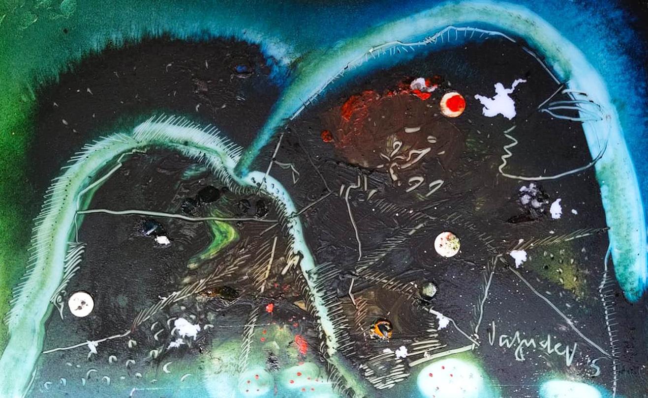 Ohne Titel, Öl auf Acrylkarton, Schwarz, Blau, Grün von indischem Künstler „In Stock“