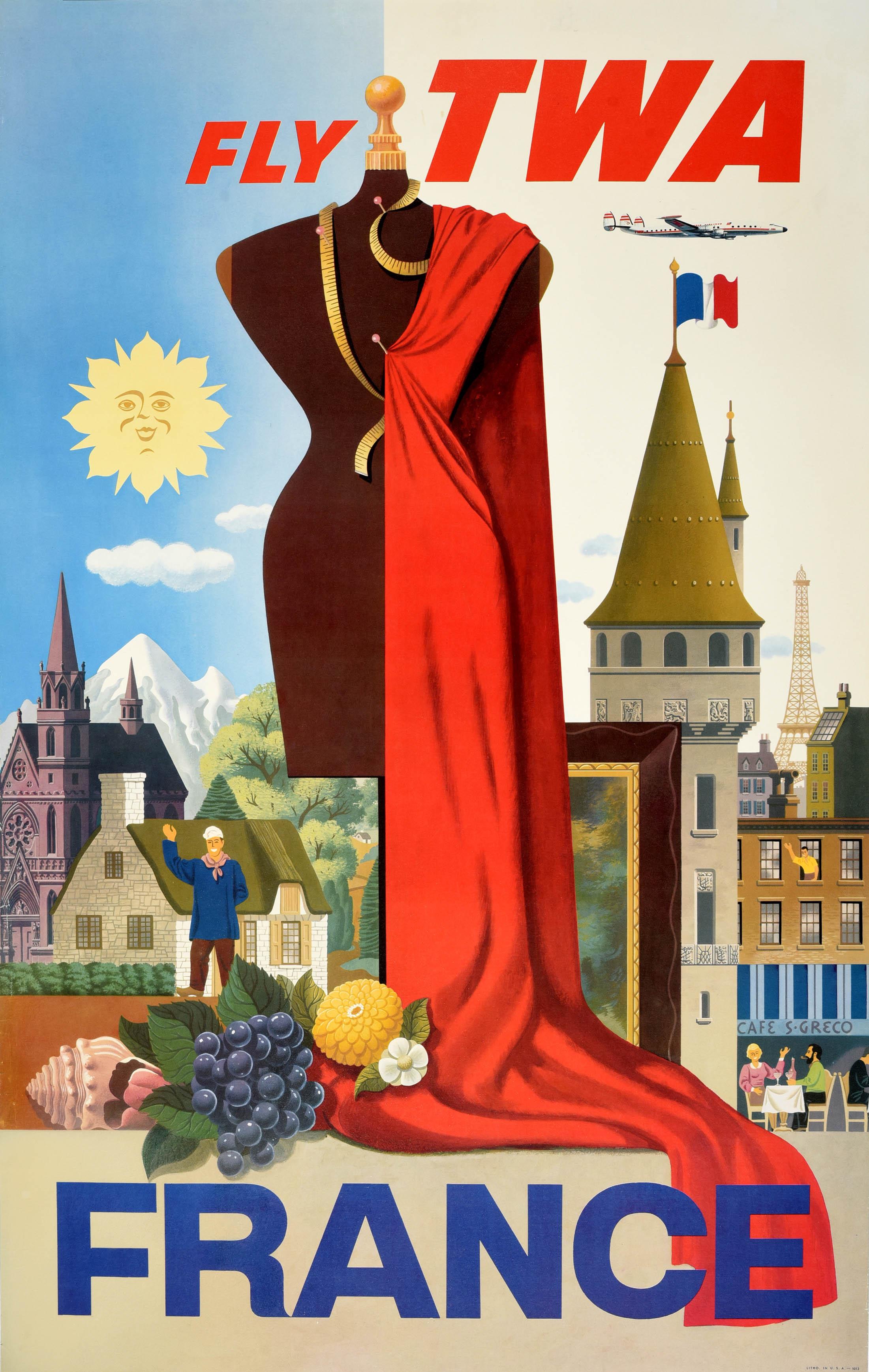 S Greco Print - Original Vintage Travel Poster France Fly TWA Lockheed Constellation Fashion Art