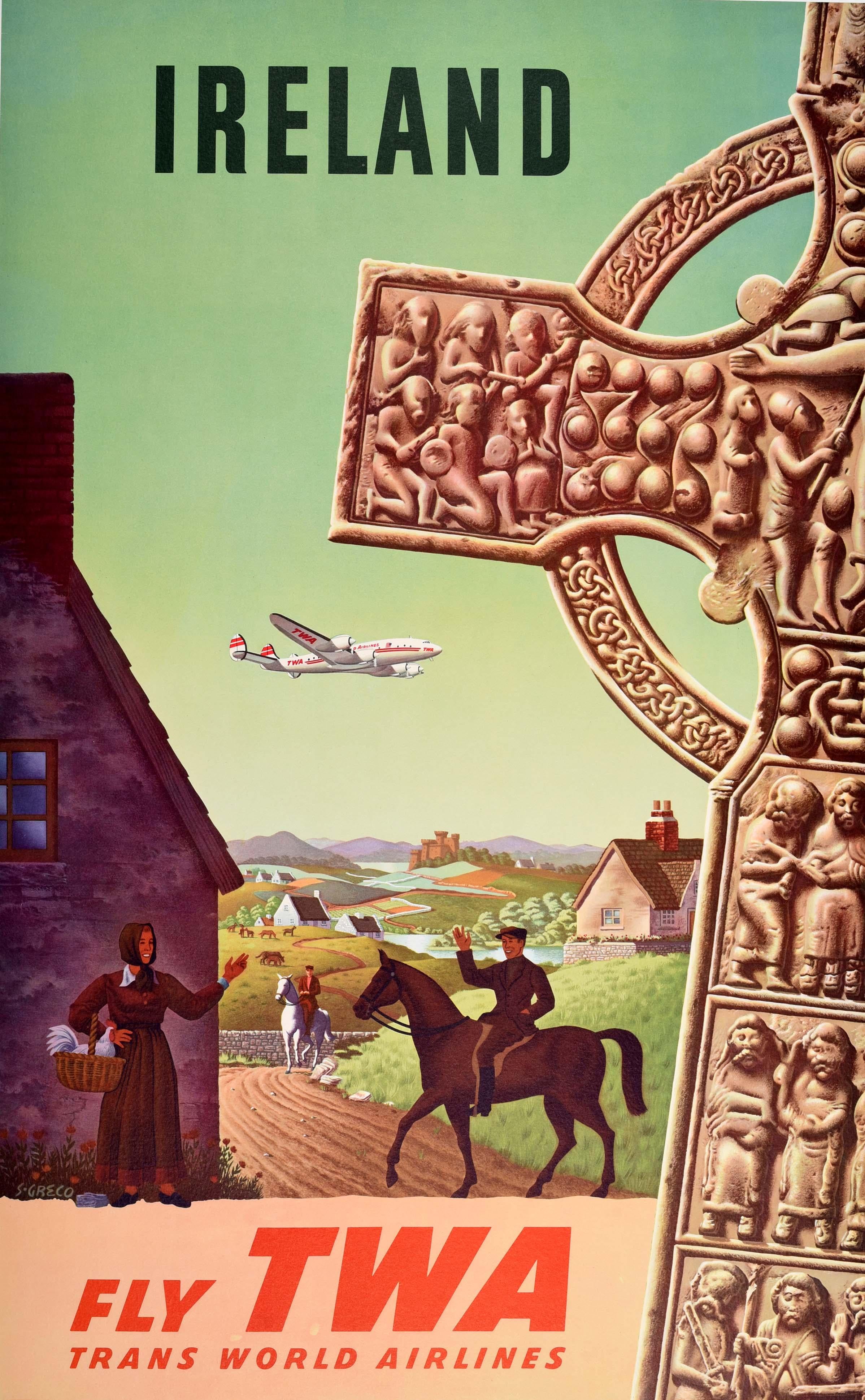 S Greco Print - Original Vintage Travel Poster Ireland TWA Lockheed Constellation Celtic Cross