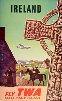 Original Retro Travel Poster Ireland TWA Lockheed Constellation Celtic Cross