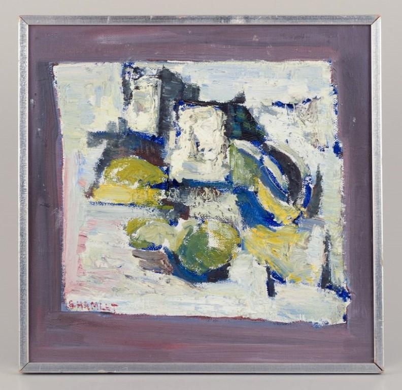S. Hamlet, Swedish artist. 
Oil on board. 
Abstract composition with a colourful palette and textured brushstrokes.
Signed and dated '71.
Perfect condition.
Board dimensions: 33.5 cm x 32.5 cm.
Total dimensions: 35.0 cm x 34.0 cm.