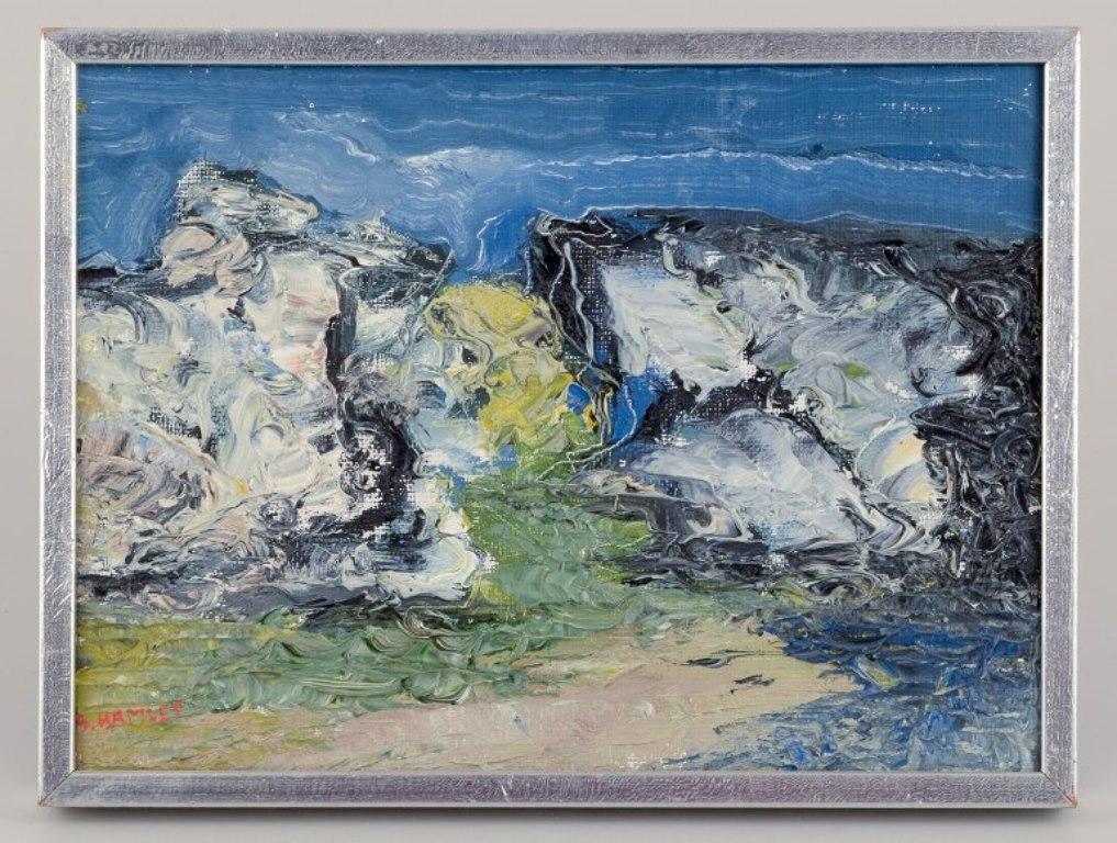 S. Hamlet, Swedish artist. Oil on painter's board. 
Abstract composition with a colorful palette and impasto brushwork.
Signed and dated '72.
In perfect condition.
Board dimensions: 25.5 cm x 18.5 cm.
Total dimensions: 27.5 cm x 20.5 cm.