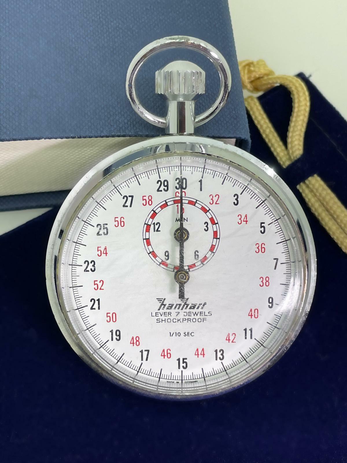 Æs Hanhart German Chromed Stopwatch. Seven Lever Shockproof. c1960's. In Excellent Condition For Sale In MELBOURNE, AU