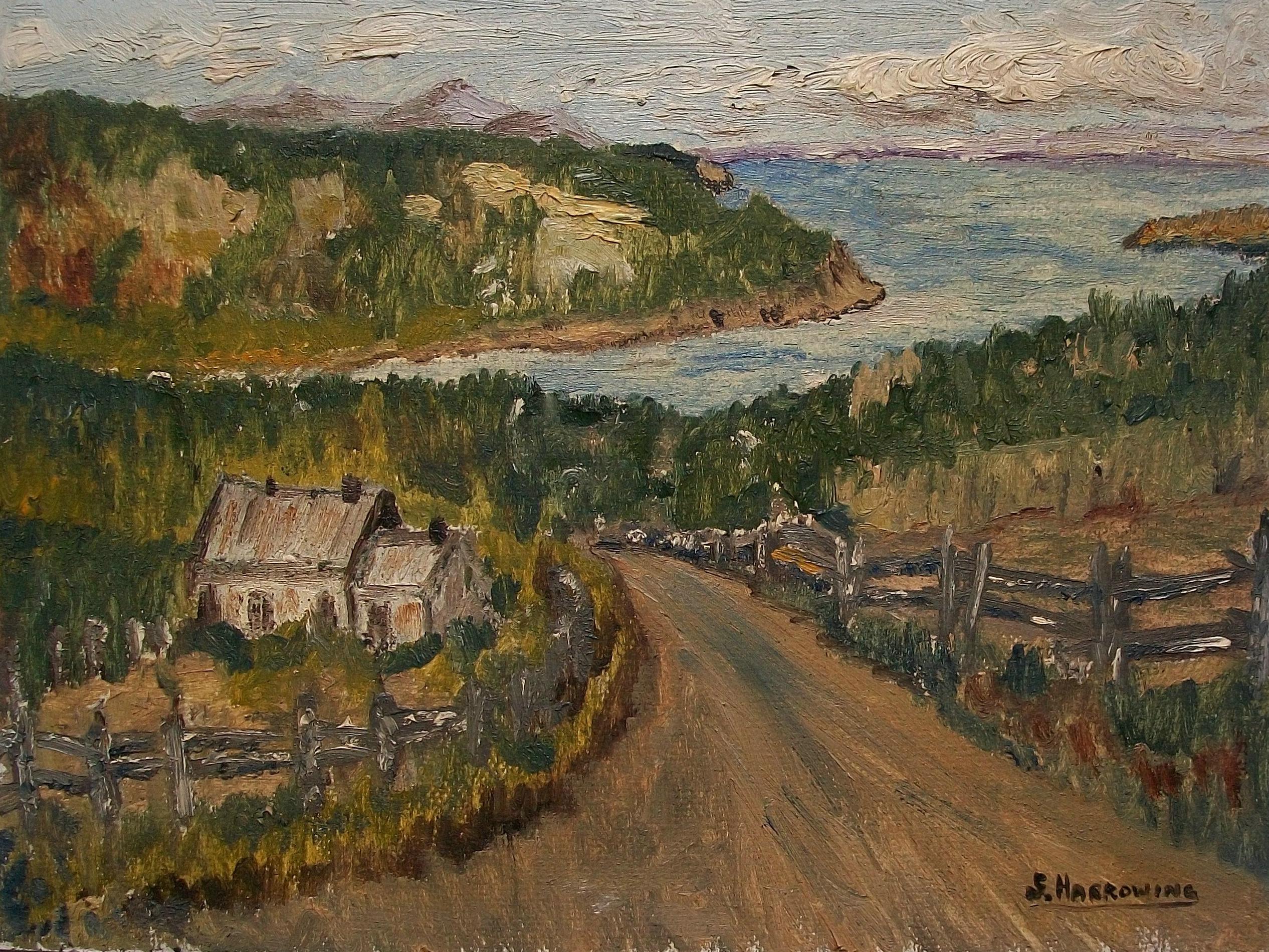 S. HARROWING - 'Baie St. Paul, Que.' - Fine Mid Century Canadian Impressionist landscape oil painting on Masonite panel - signed lower right - titled/dated on the exhibition label verso - unframed - Canada - June 1962. 

Excellent vintage condition