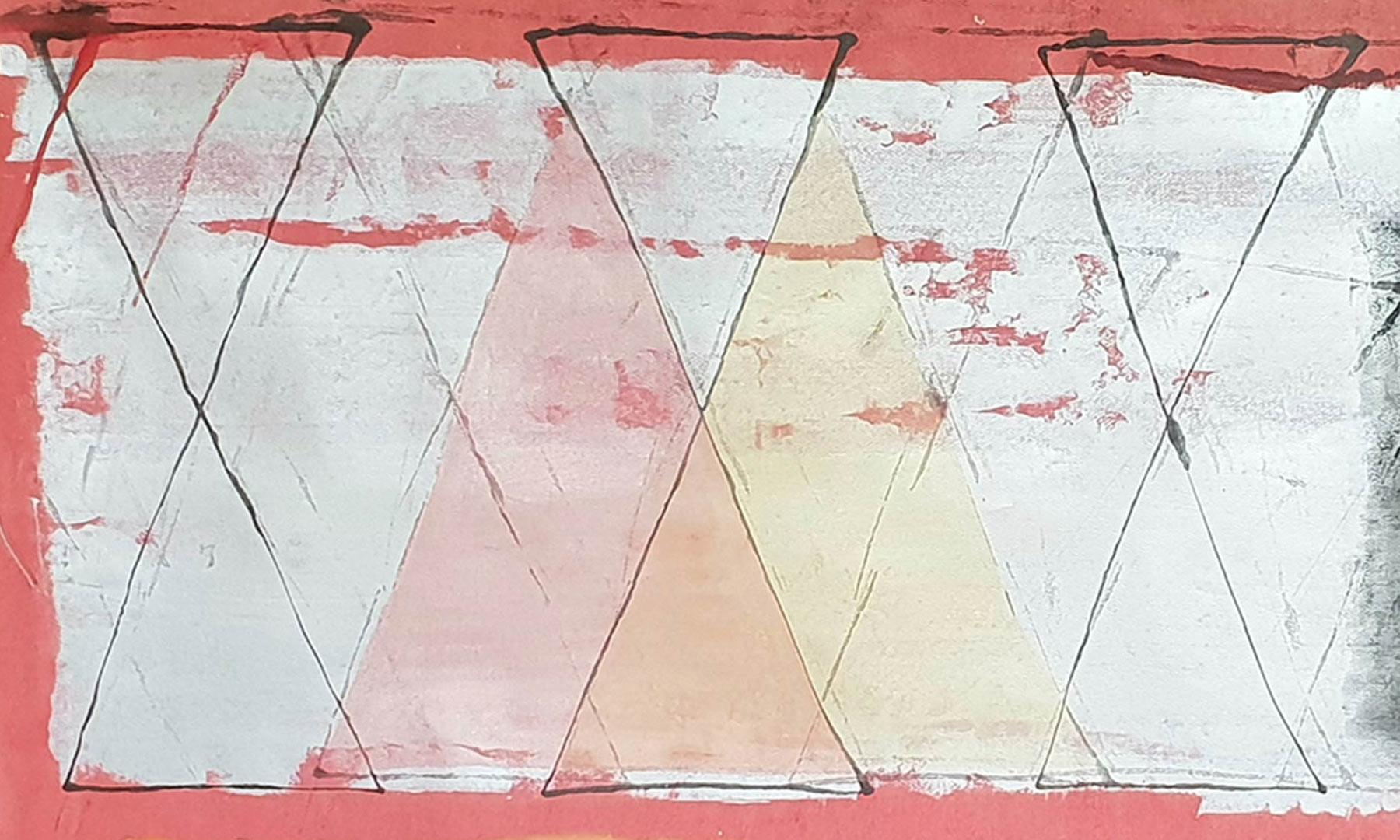 Pintura Abstracta, Técnica Mixta sobre papel, Colores Rojo, Astilla, Amarillo 