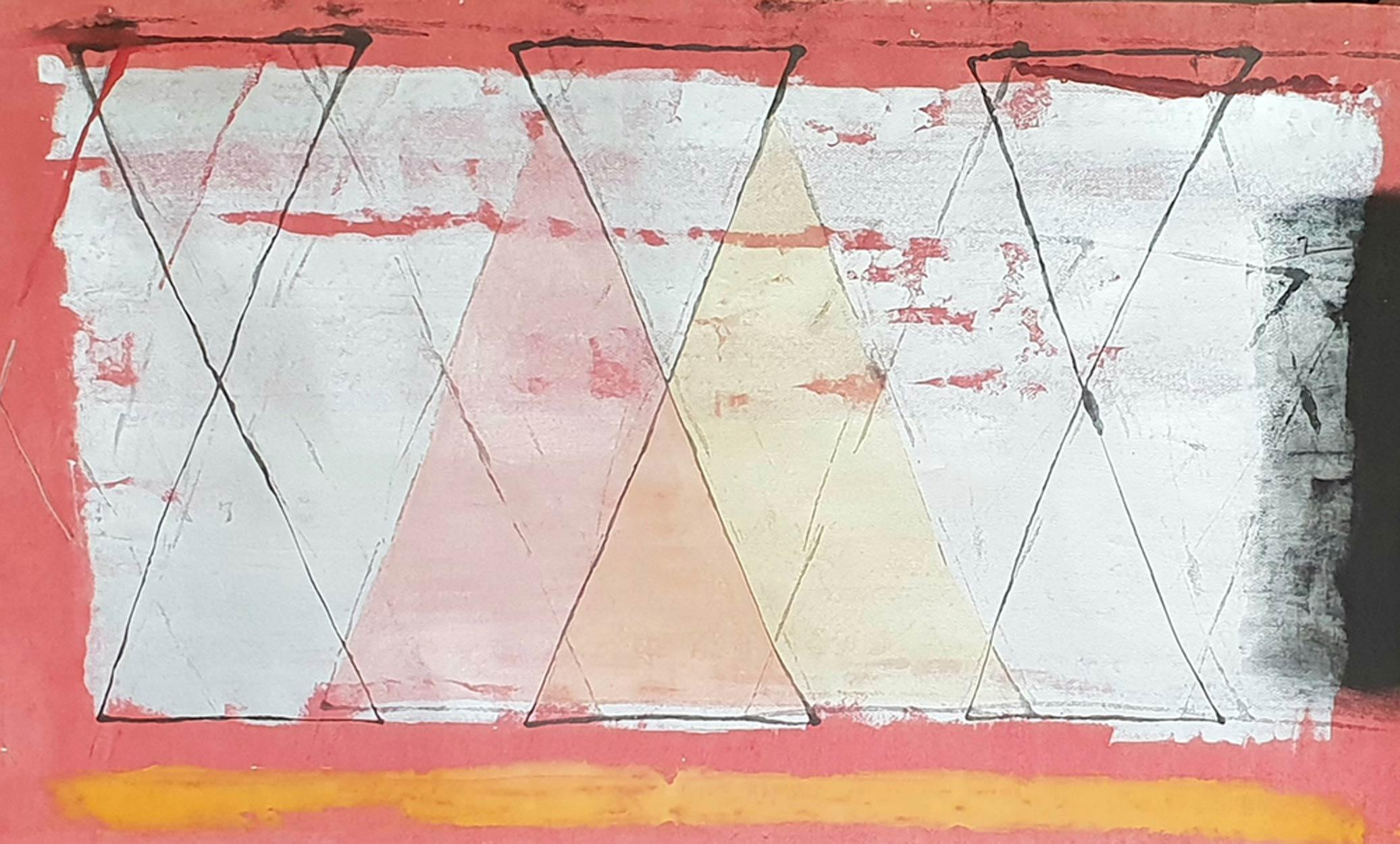 Abstract Painting, Mixed Media on paper, Red, Sliver, Yellow colors "In Stock"