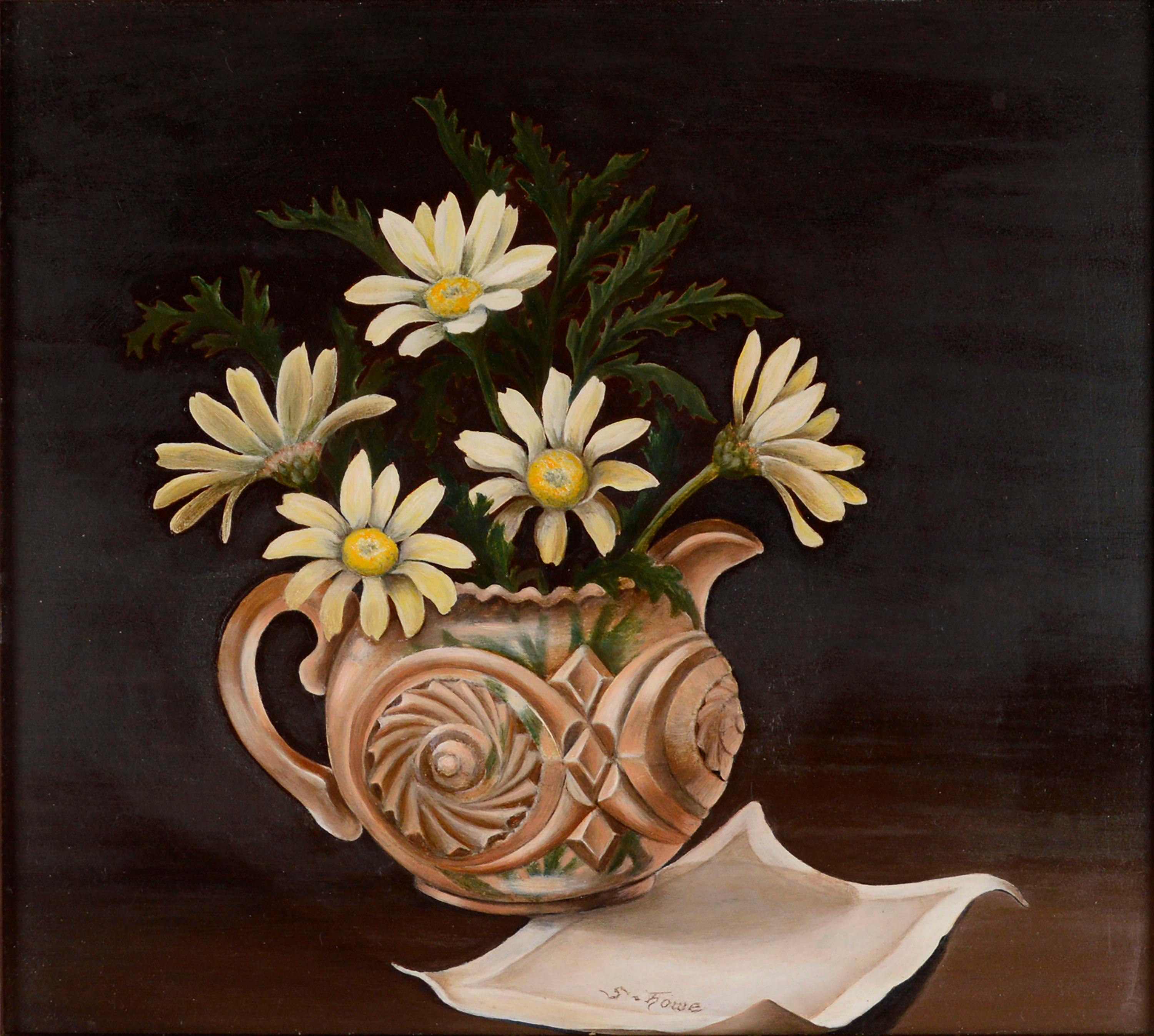 1930s Floral Still-Life with Daisies and Cut Crystal Vase - Painting by S. Howe
