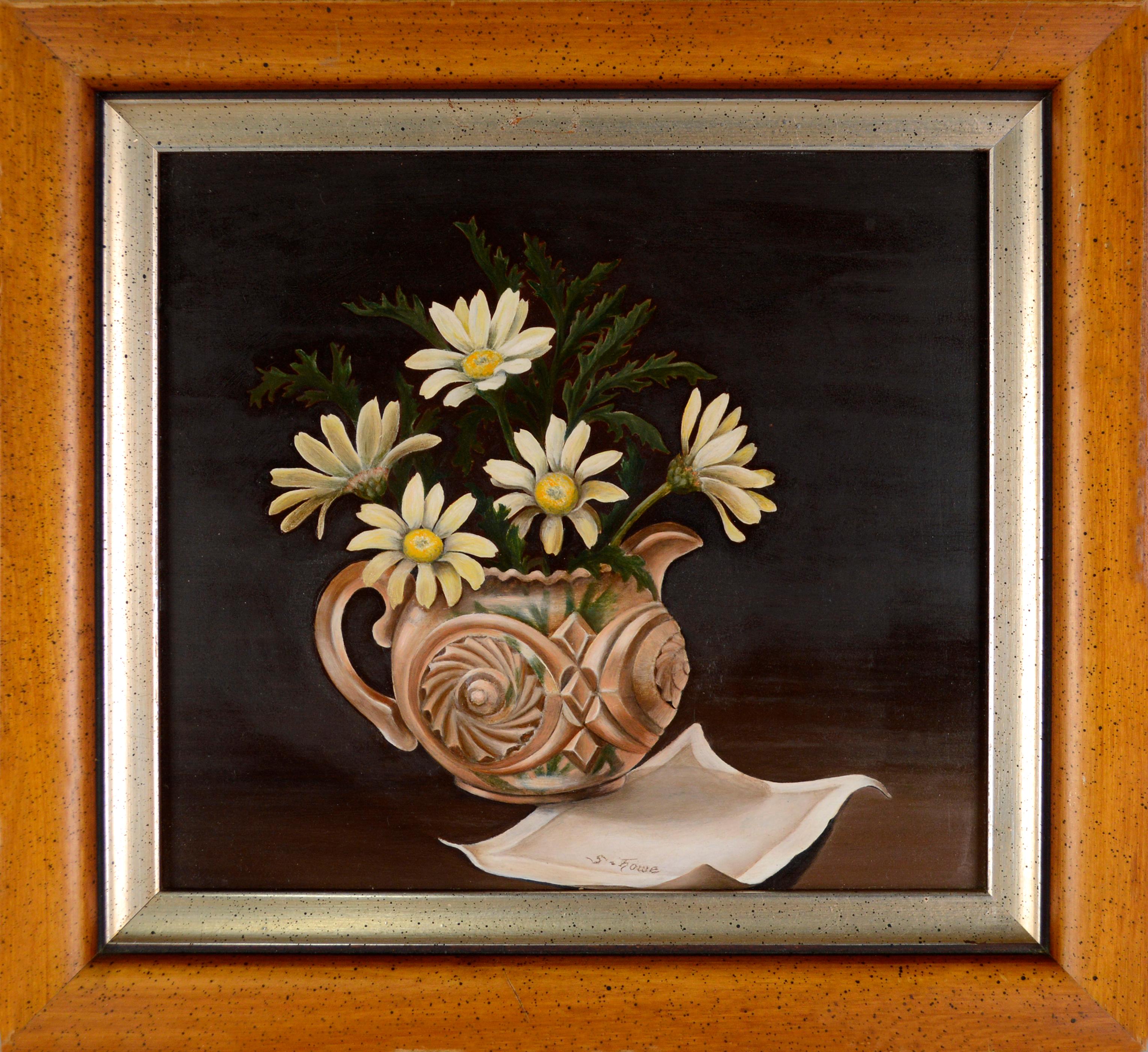 S. Howe Still-Life Painting - 1930s Floral Still-Life with Daisies and Cut Crystal Vase