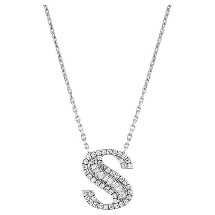 Letter D Baguette Diamond Necklace 14K Solid White Gold, Valentine's Day Gift For Sale at 1stDibs