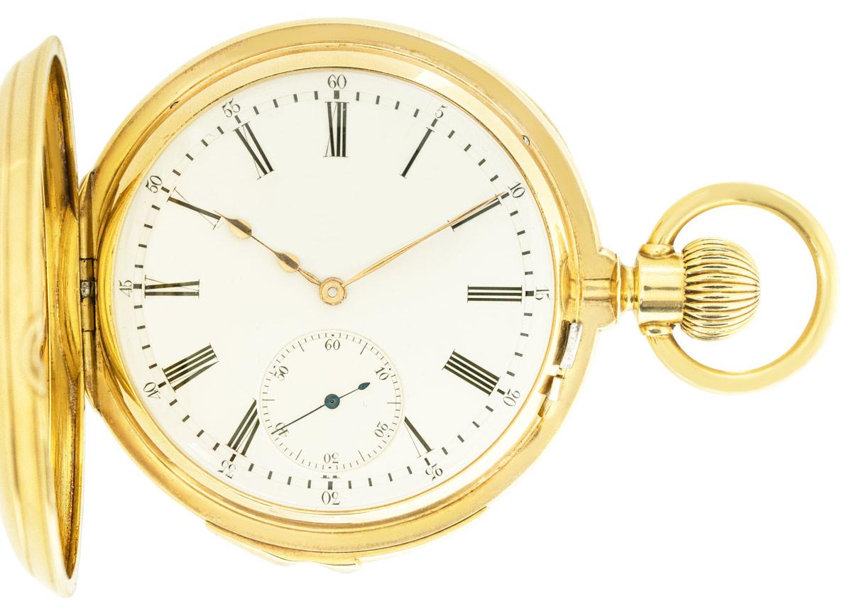 S. Katz Geneve. Raro orologio da tasca Half Hunter Ripetizione Minuti in oro giallo 18 ct. C1890.


Quadrante: L'eccellente quadrante in smalto bianco con numeri romani sottili e quadrante dei secondi sussidiario a ore sei. Le lancette originali a