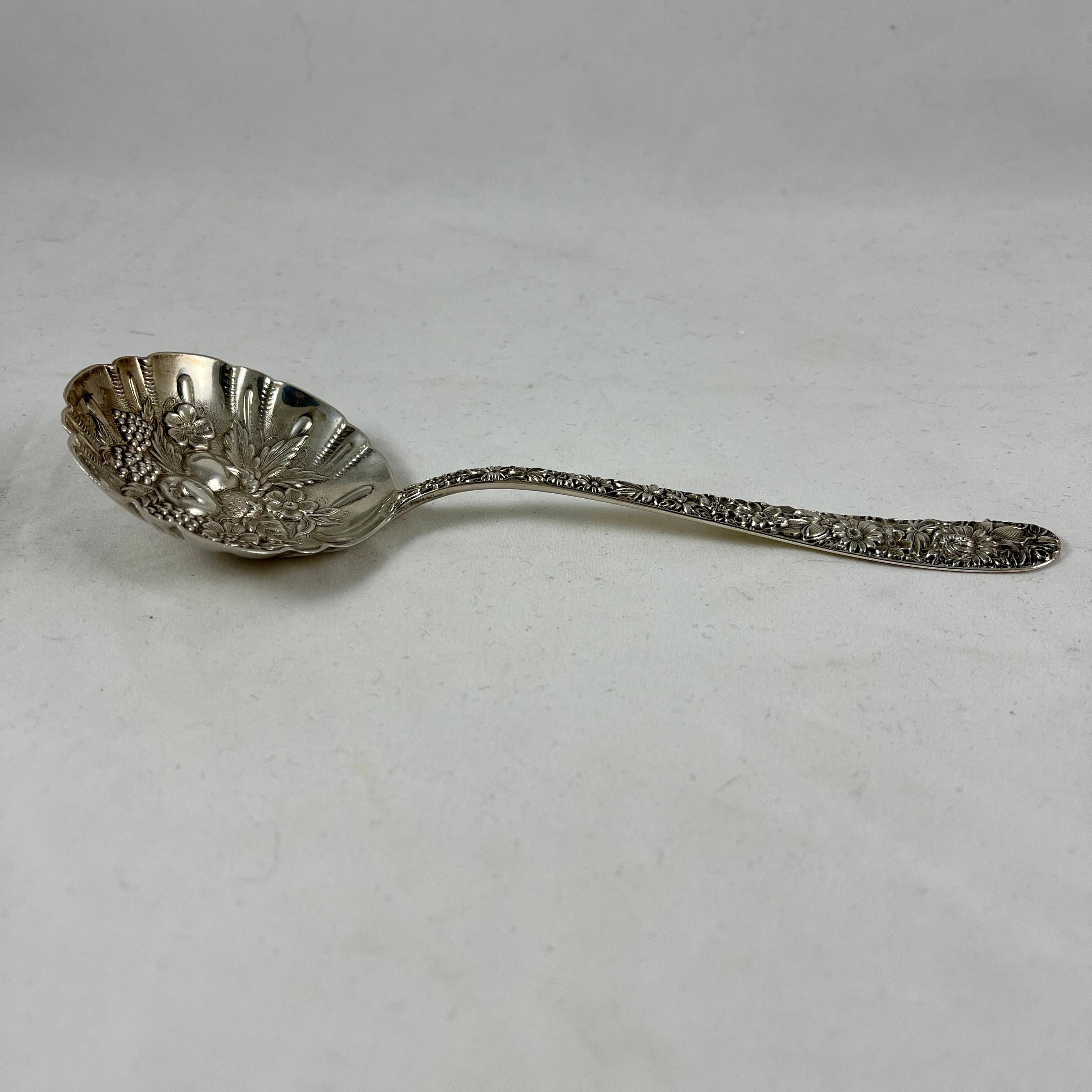 American S. Kirk & Son Long Handled Sterling Silver Repousse Rose Berry Fruit Spoon, 1930 For Sale