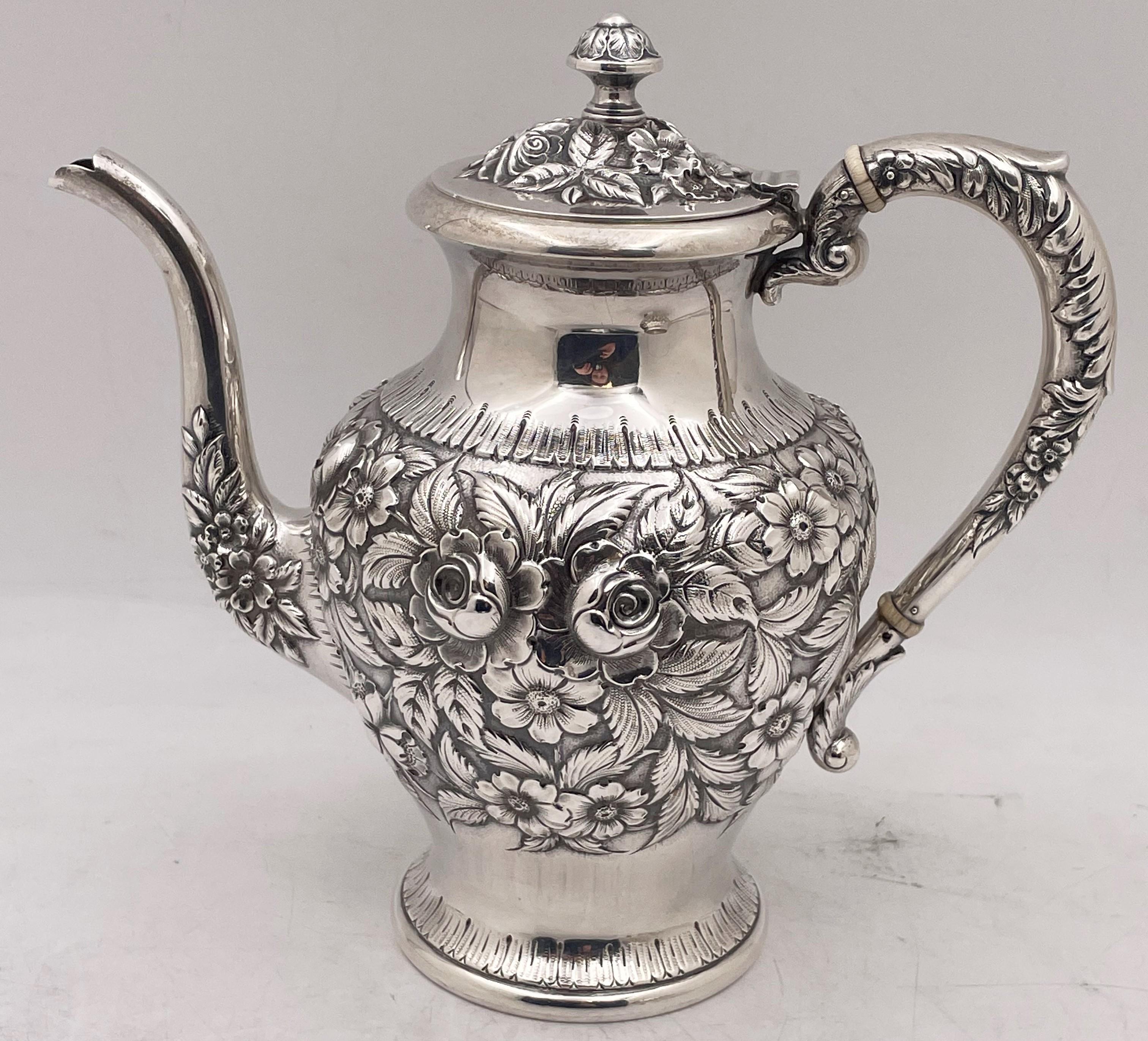 Repoussé S. Kirk & Son Repousse Sterling Silver 6-Piece Tea & Coffee Set with Tray For Sale