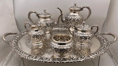 Antique S. Kirk & Son Repousse Sterling Silver 6-Piece Tea & Coffee Set with Tray