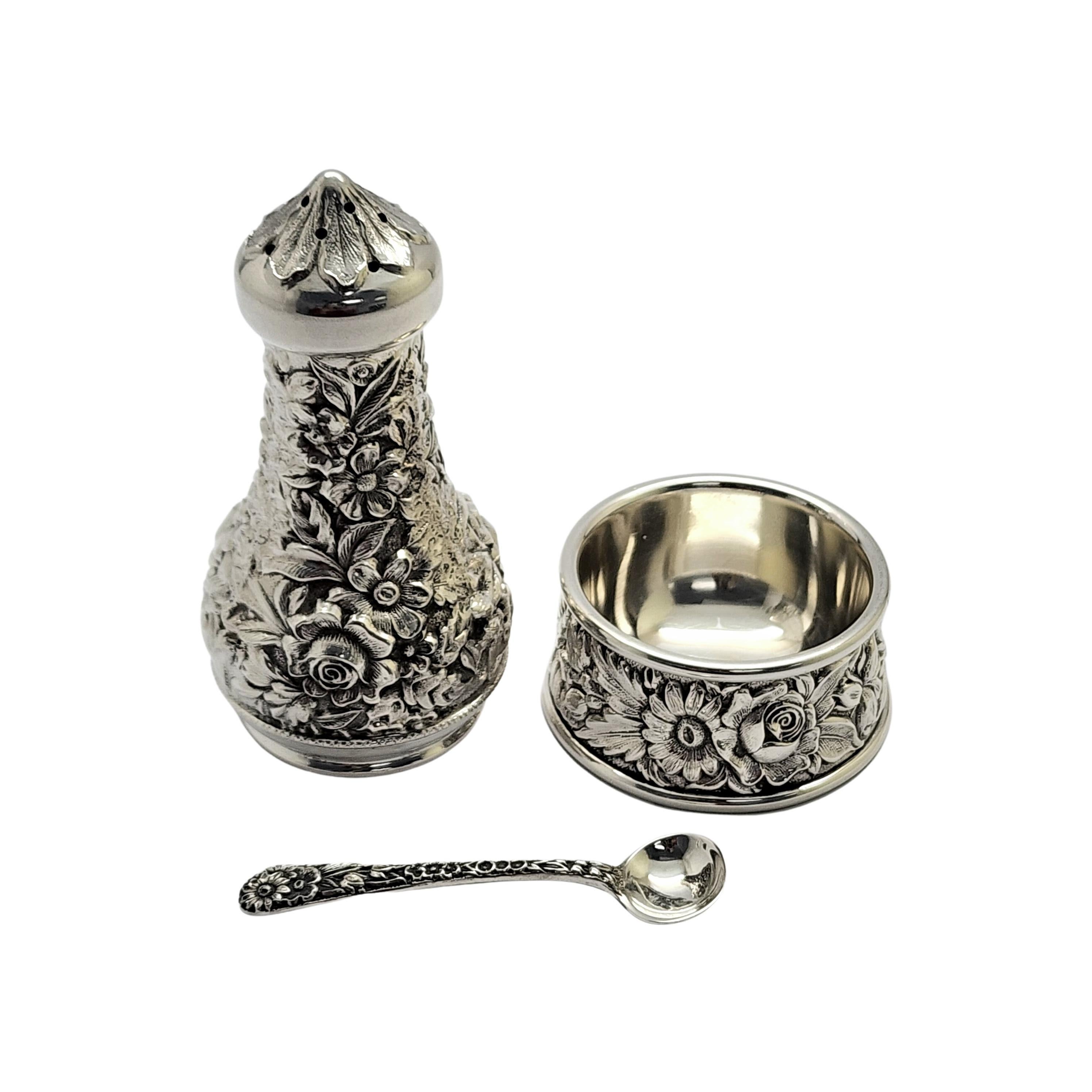 S Kirk & Son Sterling 59A Repousse Salt Cellar with Spoon and Pepper Shaker 3