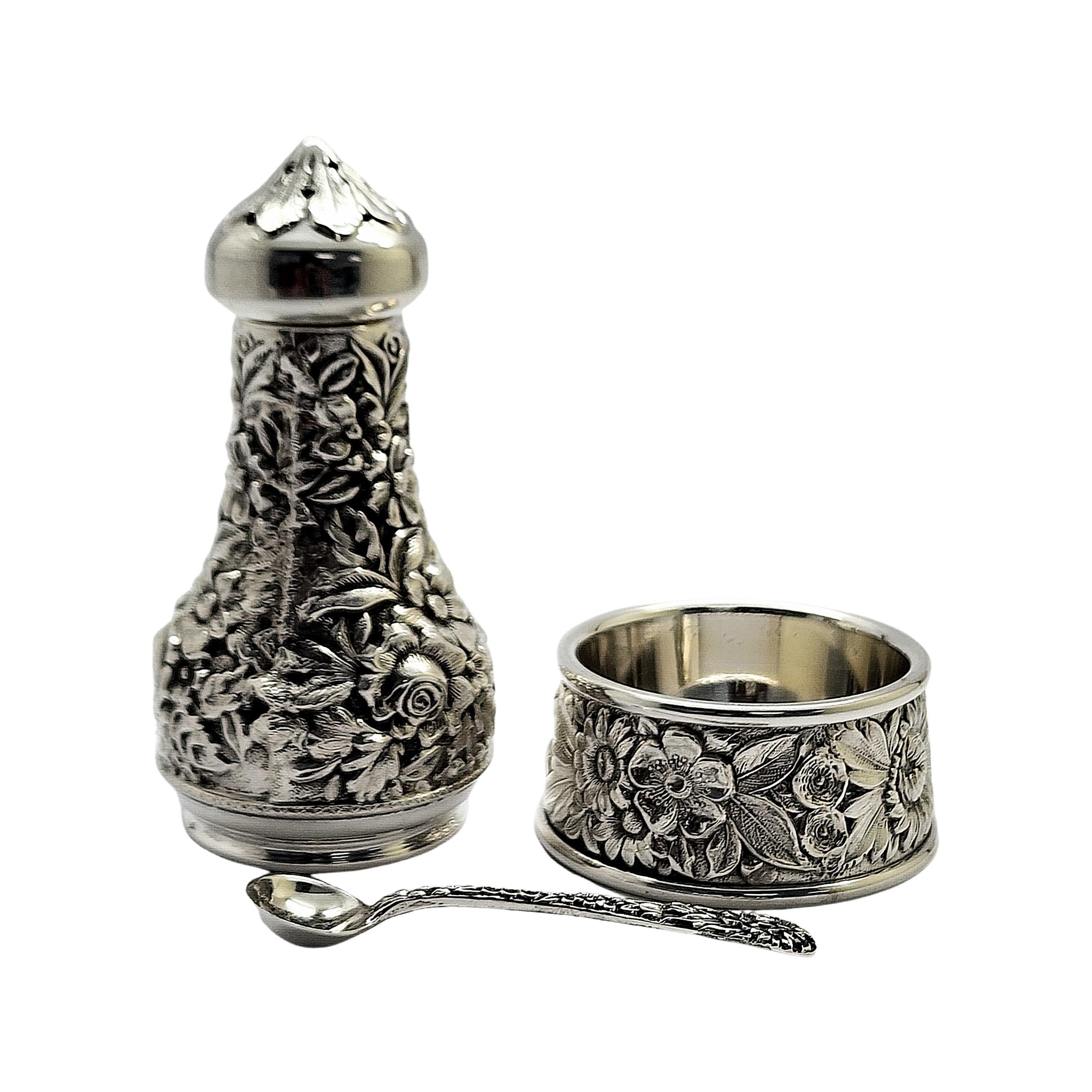 S Kirk & Son Sterling 59A Repousse Salt Cellar with Spoon and Pepper Shaker 4