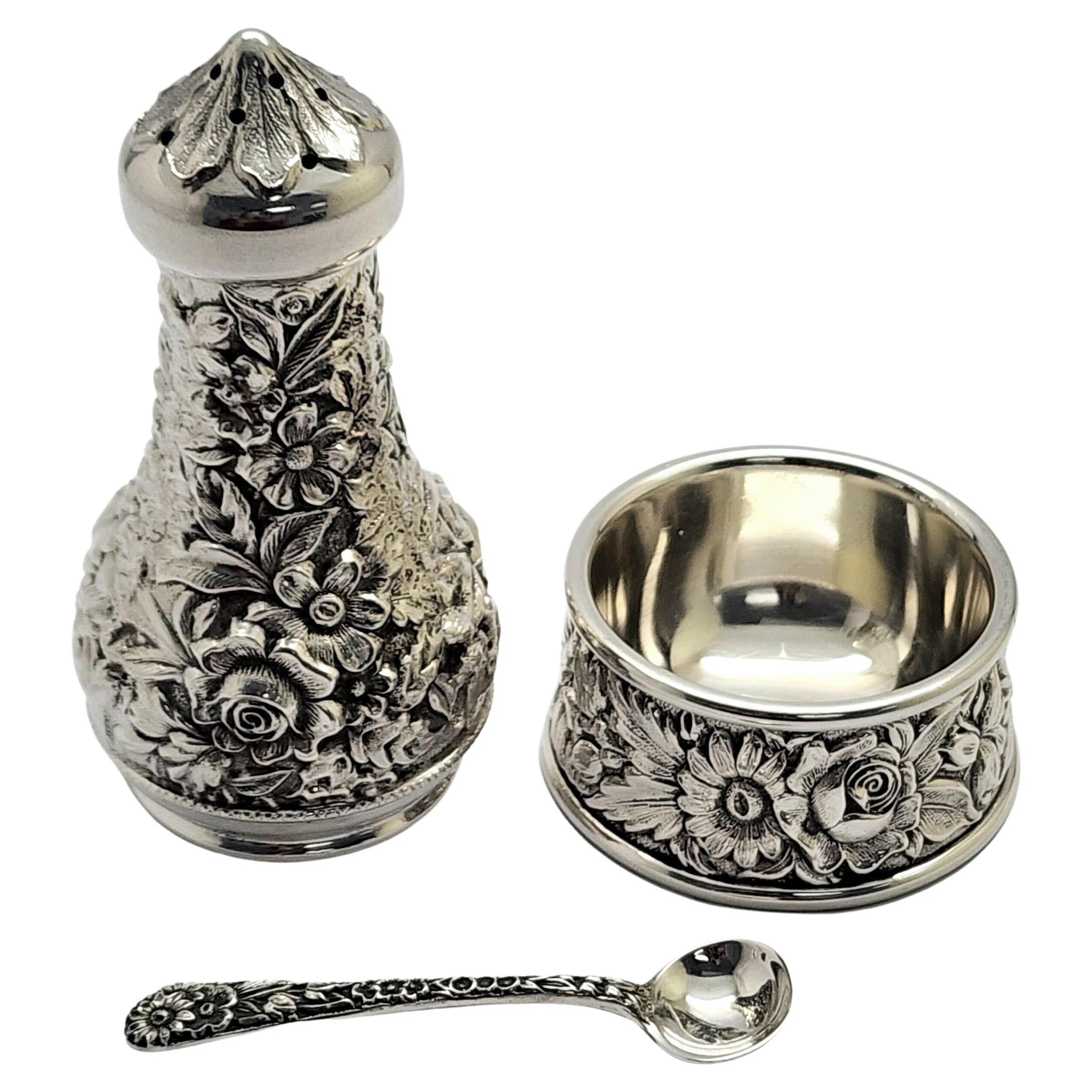 S Kirk & Son Sterling 59A Repousse Salt Cellar with Spoon and Pepper Shaker