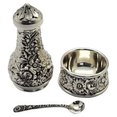 Vintage S Kirk & Son Sterling 59A Repousse Salt Cellar with Spoon and Pepper Shaker