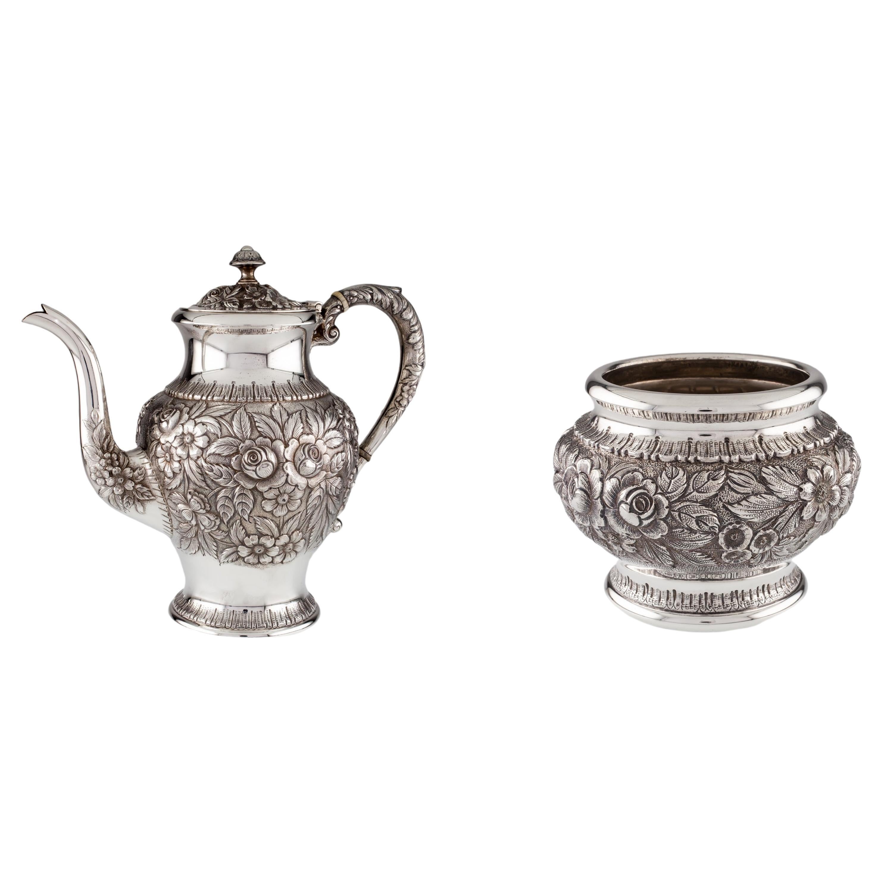 S Kirk & Son Sterling Silver Hand-Chased Repousse Tea Pot and Waste Bowl Set