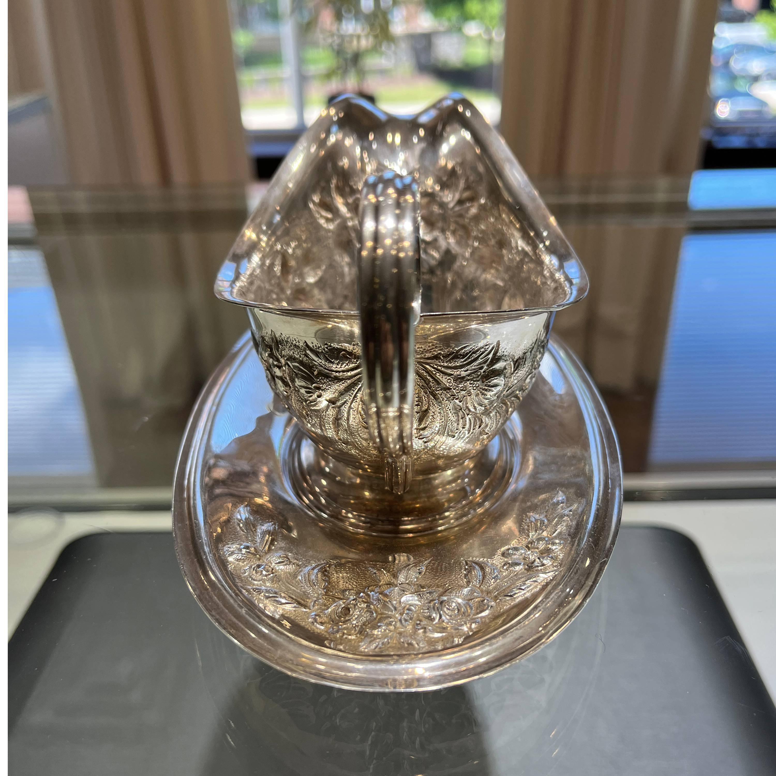 S. Kirk & Son Sterling Silver Rose Gravy Boat and Underplate Hand Decorated In Good Condition For Sale In  Baltimore, MD