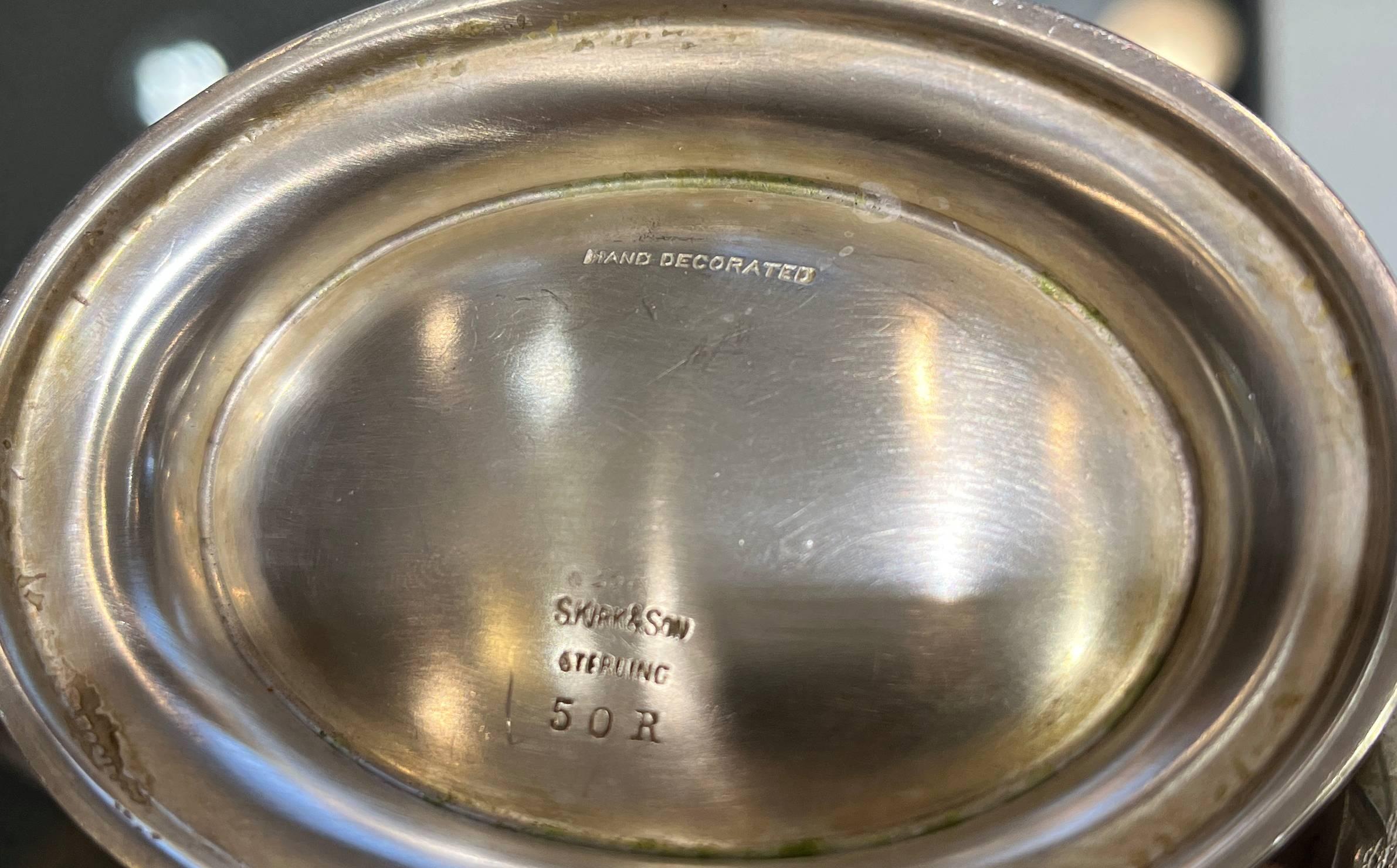 Women's or Men's S. Kirk & Son Sterling Silver Rose Gravy Boat and Underplate Hand Decorated For Sale