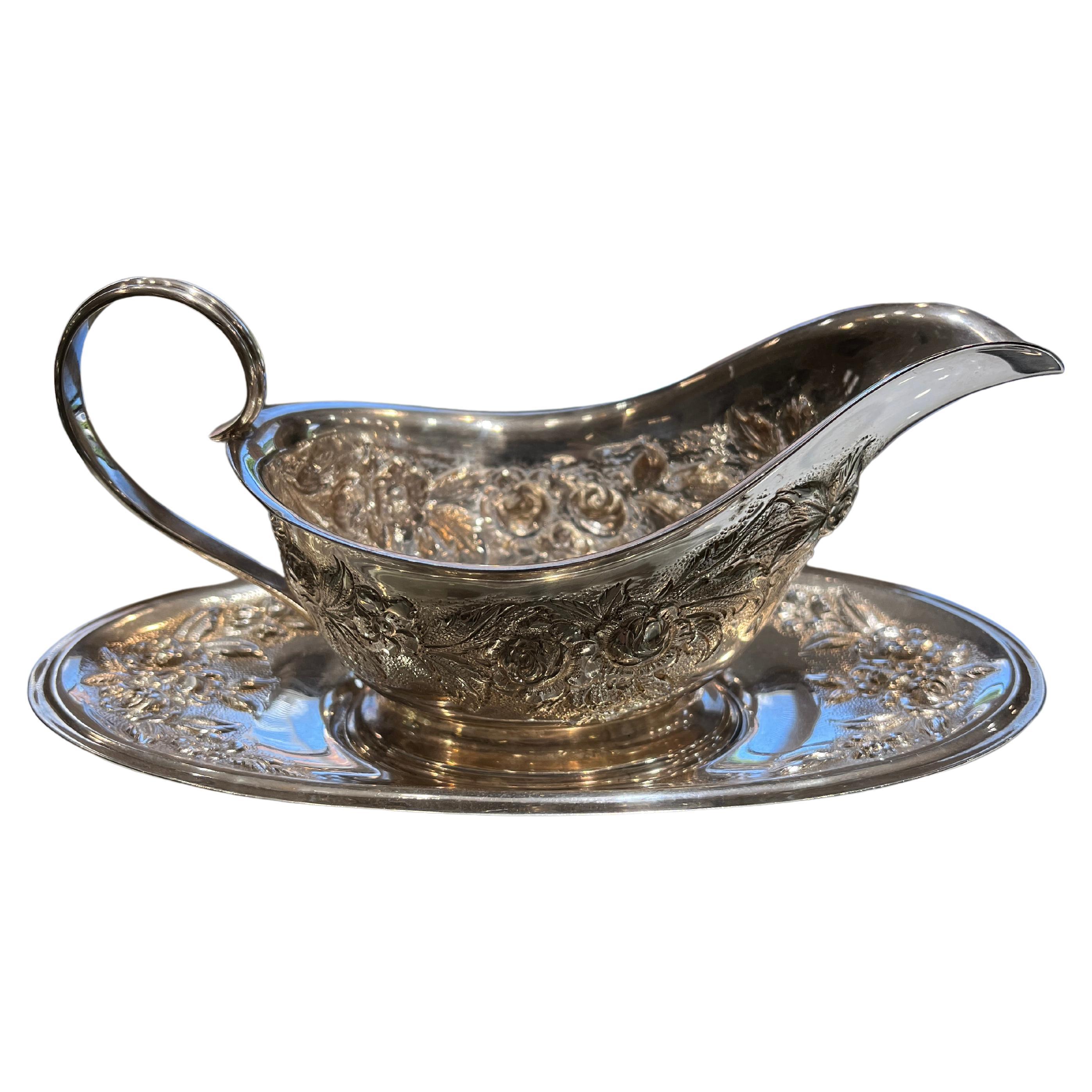S. Kirk & Son Sterling Silver Rose Gravy Boat and Underplate Hand Decorated