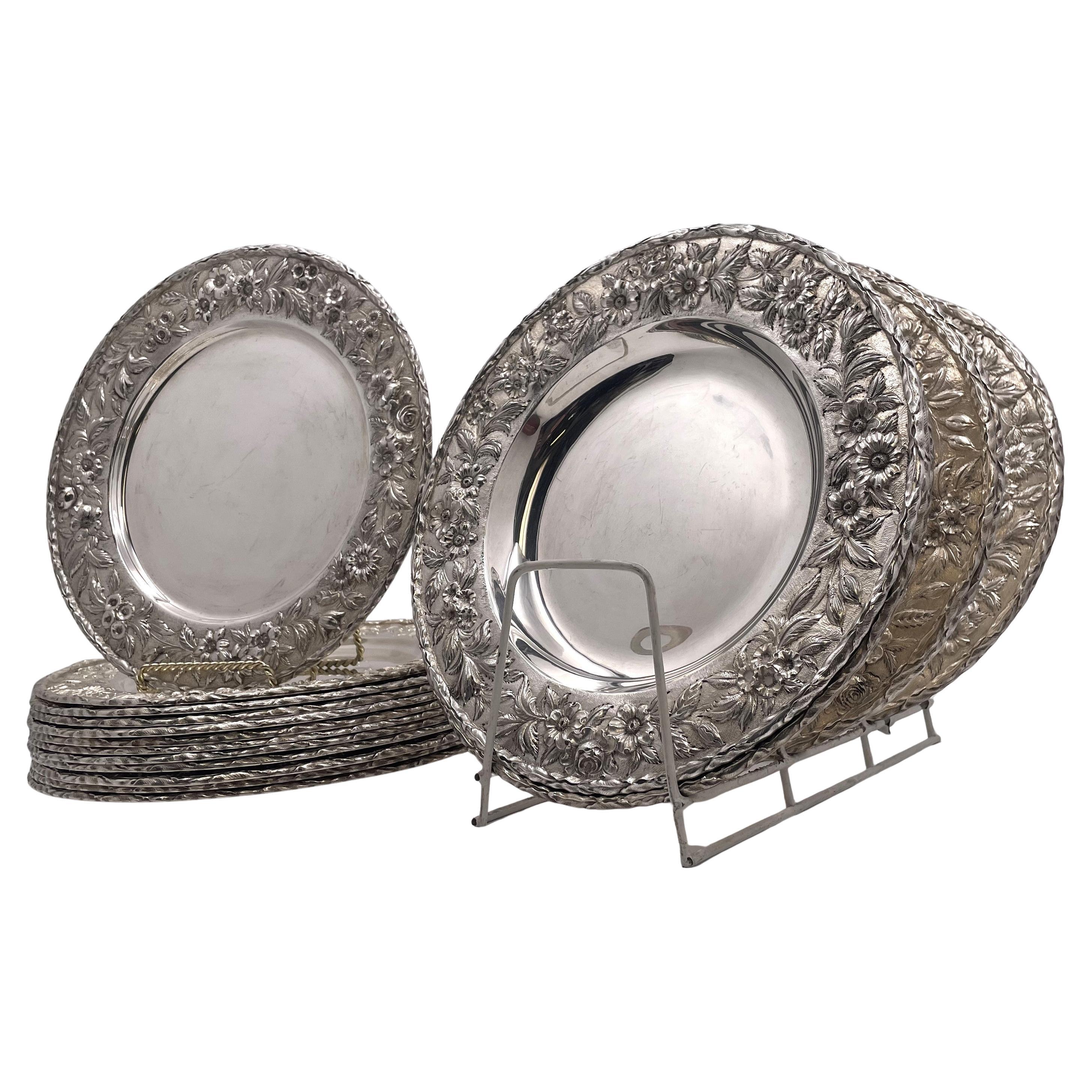 S. Kirk 
Son Sterling Silver Set of 18 Chargers/ Plates in Repousse Pattern For Sale