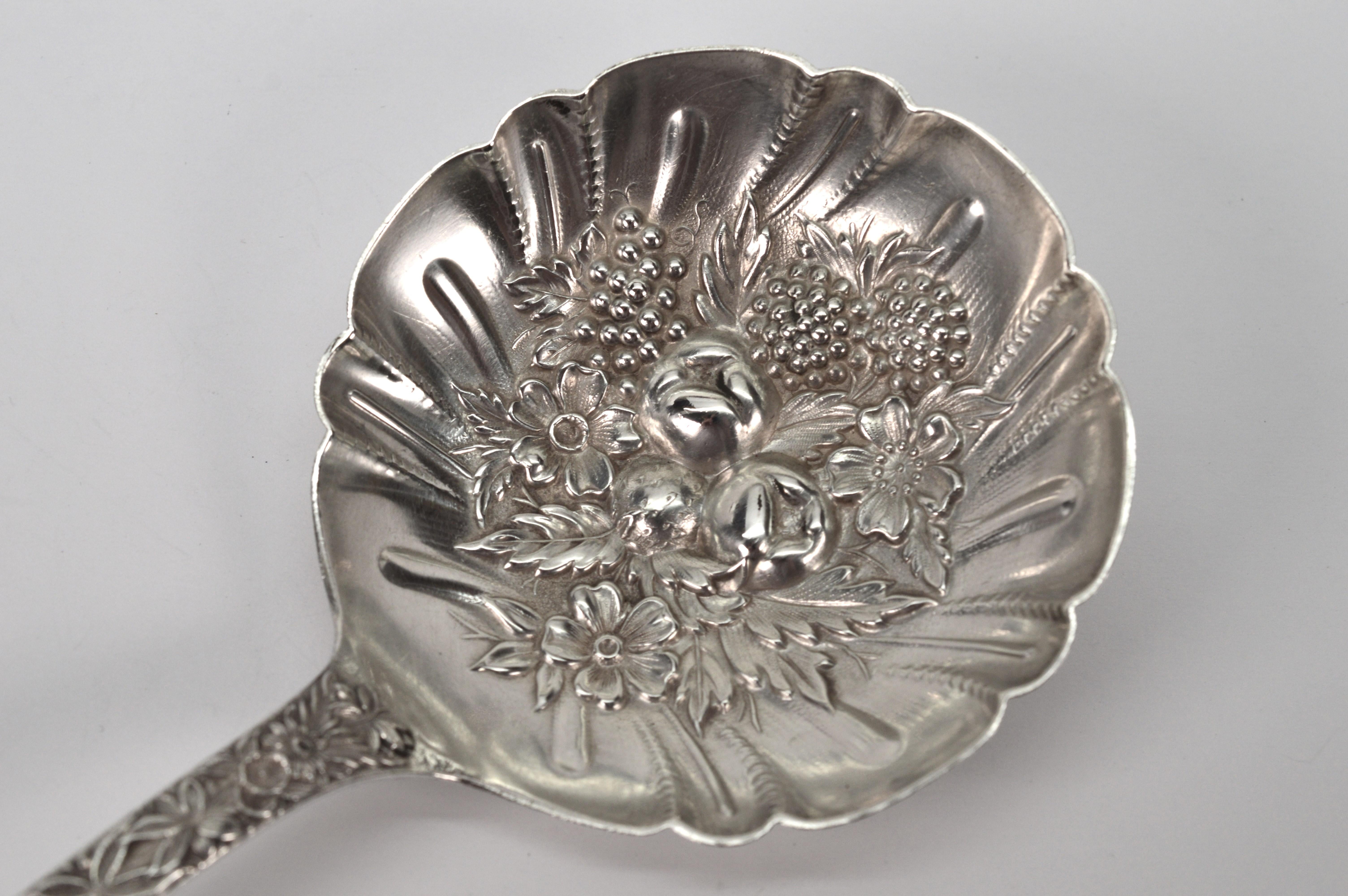 Women's or Men's S. Kirk & Sons Rose Berry Repousse Sterling Silver Fruit Compote Spoon  For Sale