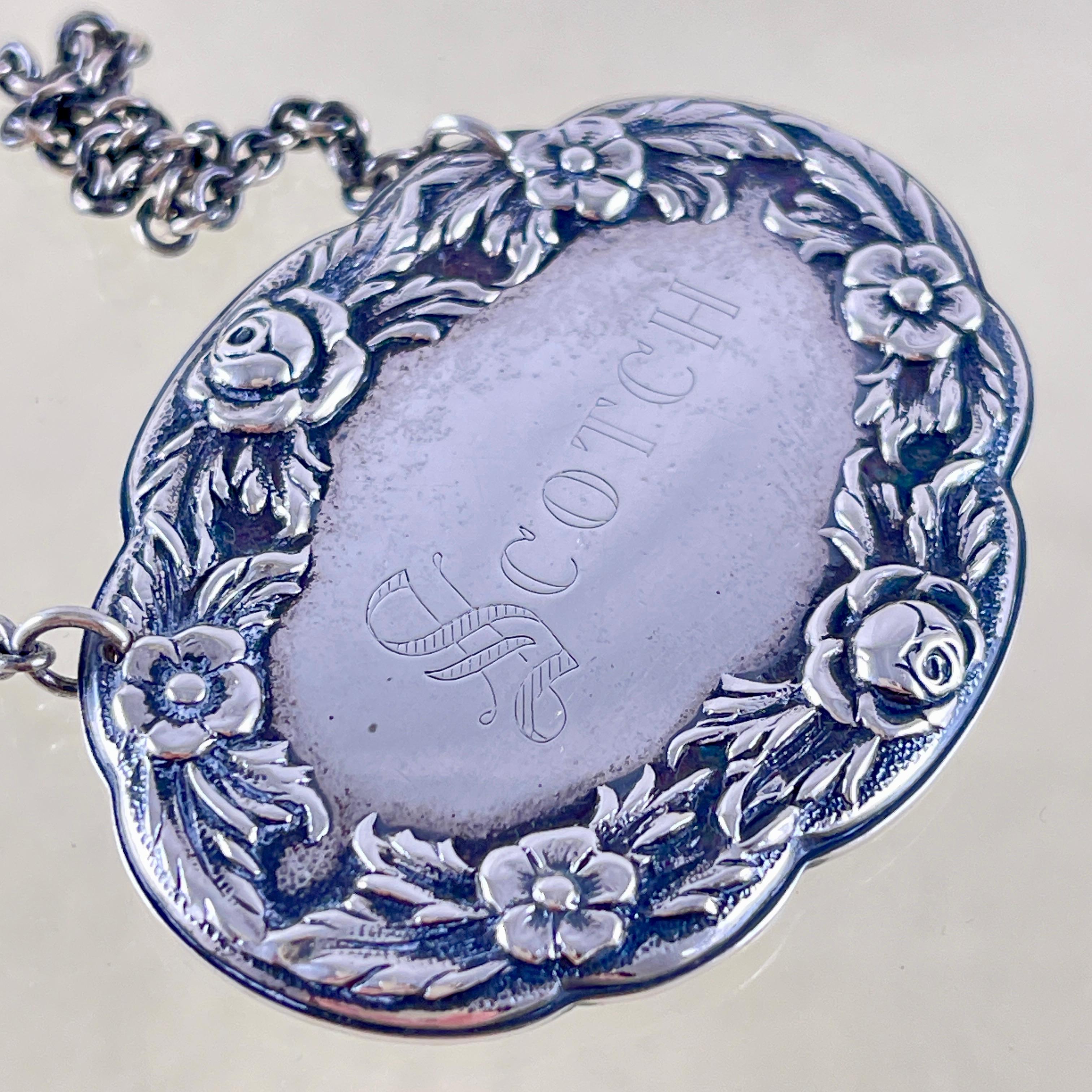 American S. Kirk & Sons Sterling Silver Liquor Collar Tag, Engraved Scotch – 1860s For Sale