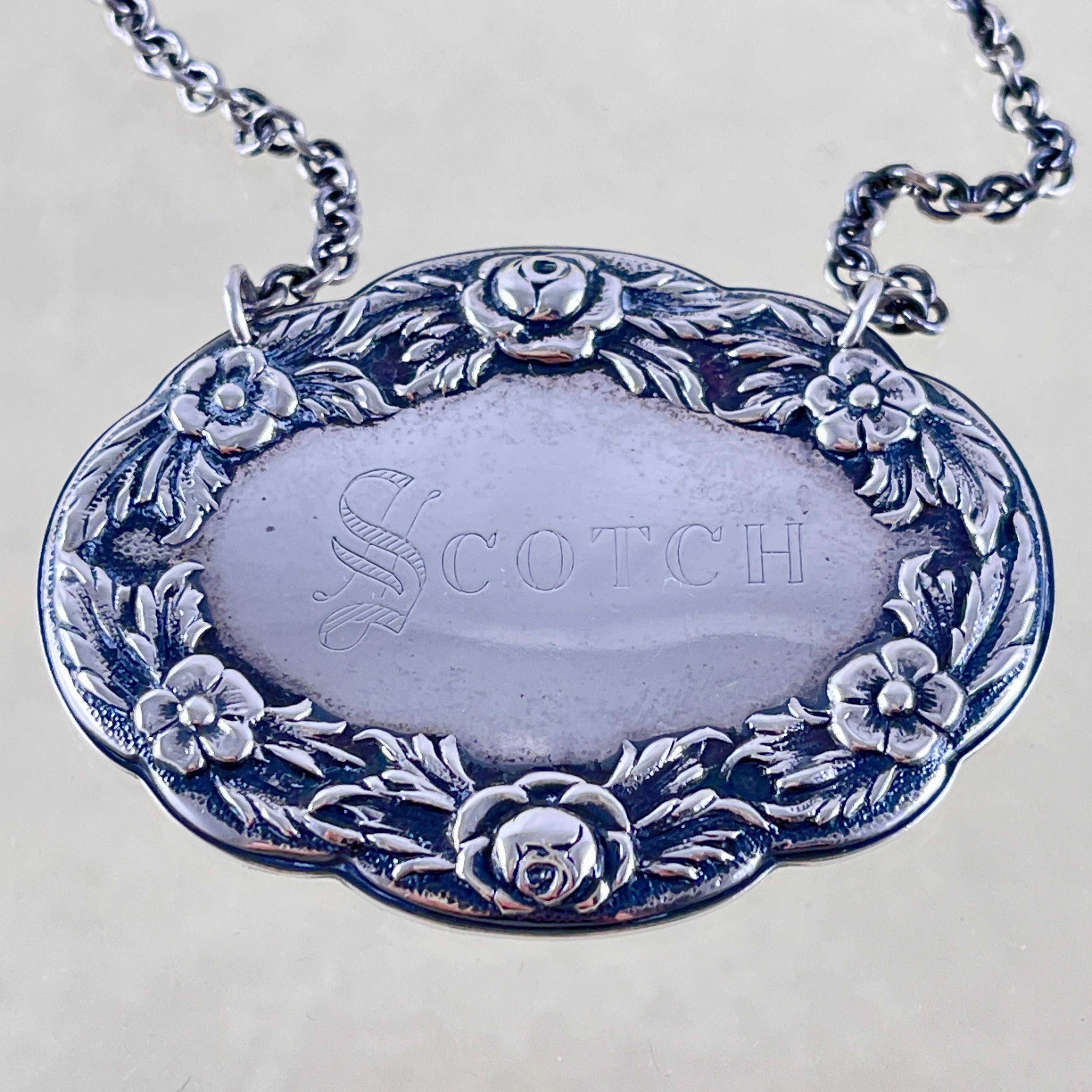 Etched S. Kirk & Sons Sterling Silver Liquor Collar Tag, Engraved Scotch – 1860s For Sale