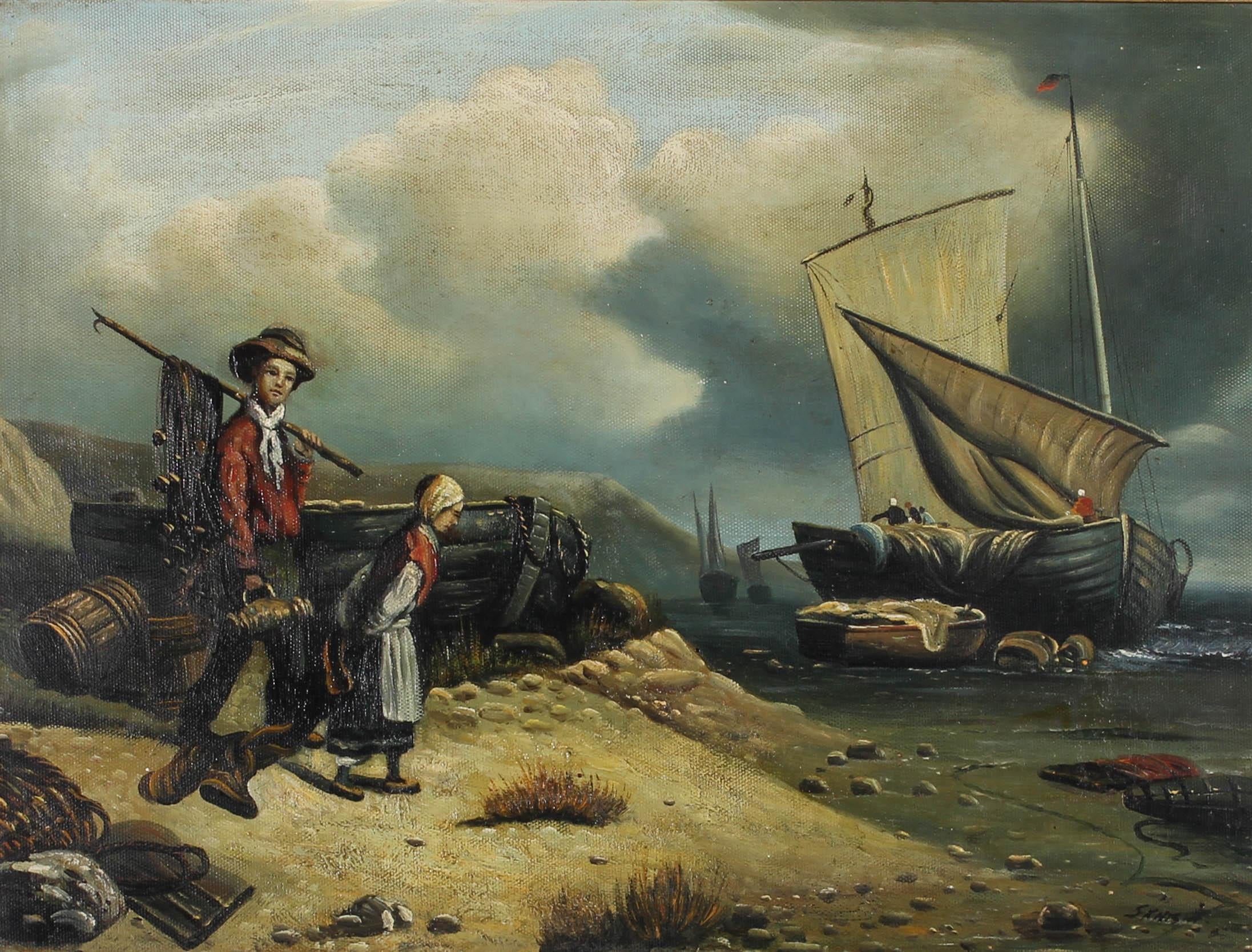 S. Knight - Framed Early 20th Century Oil, Unloading the Catch For Sale 1