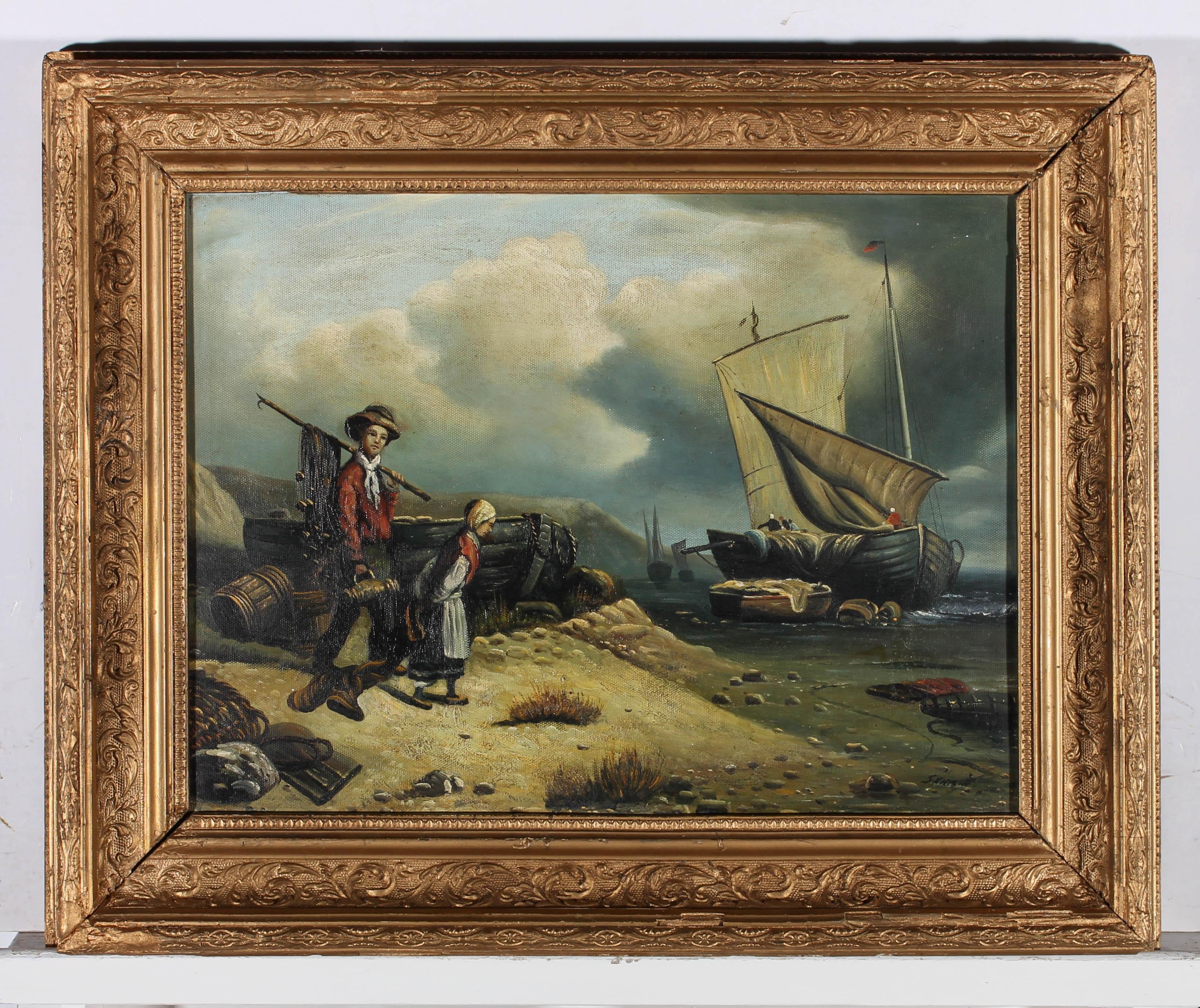 S. Knight - Framed Early 20th Century Oil, Unloading the Catch For Sale 2