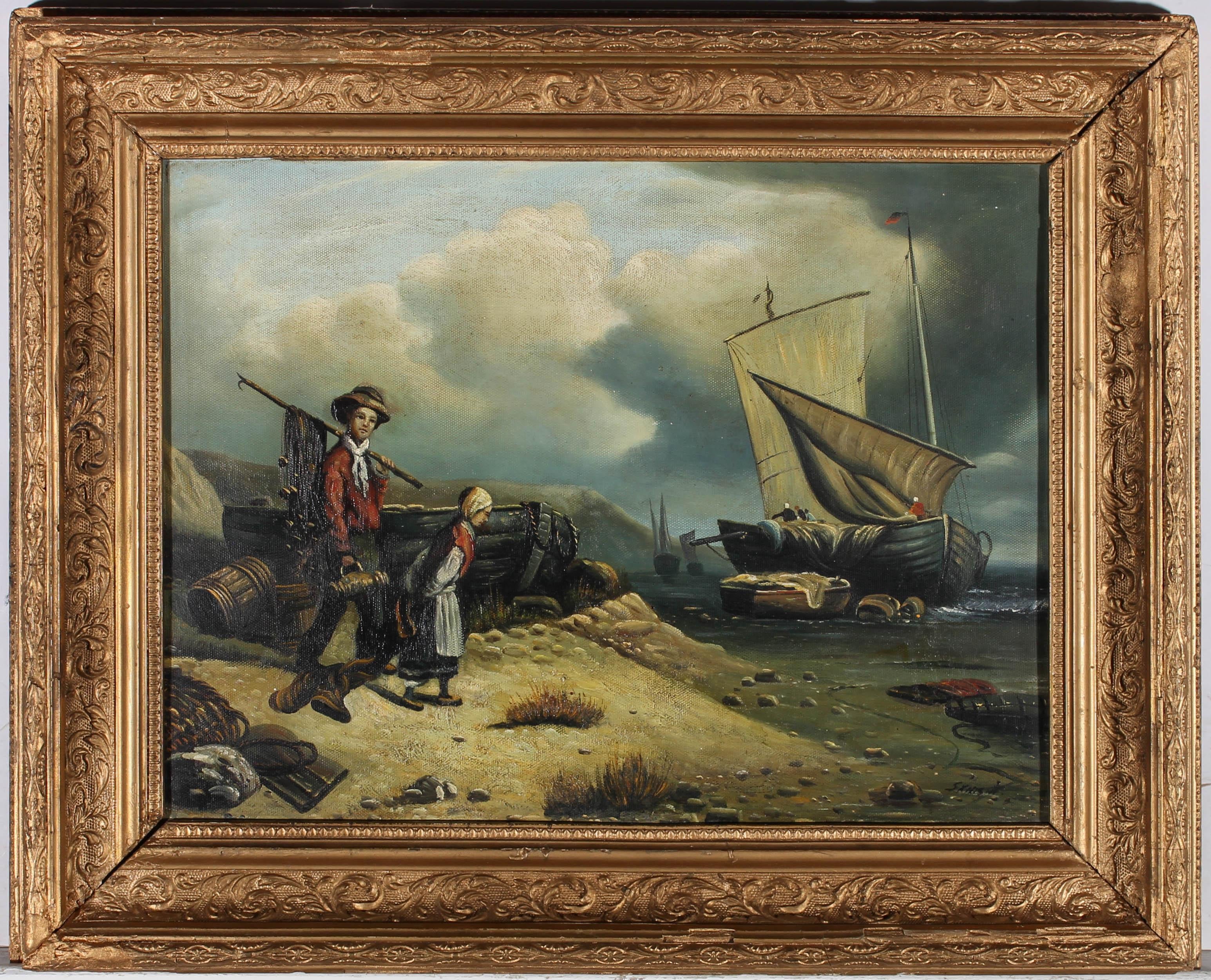An intriguing early 20th century oil painting, depicting a fishing boat unloading its catch into the water and smaller side boat. In the foreground two young figures wait in anticipation on the shore to help those on board. The painting is signed to