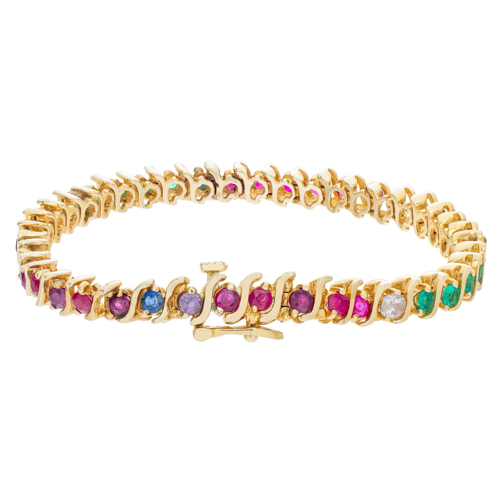 Bracelet ligne « S » avec émeraudes, rubis, saphirs et diamants taille brillant rond Excellent état - En vente à Surfside, FL