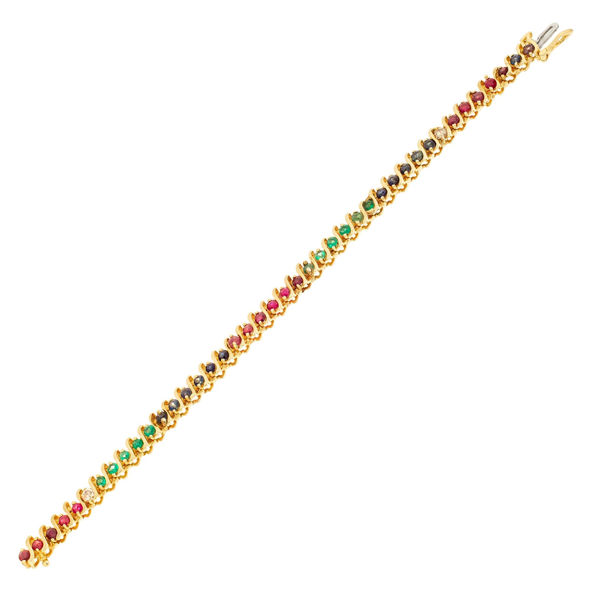Bracelet ligne « S » avec émeraudes, rubis, saphirs et diamants taille brillant rond en vente 1