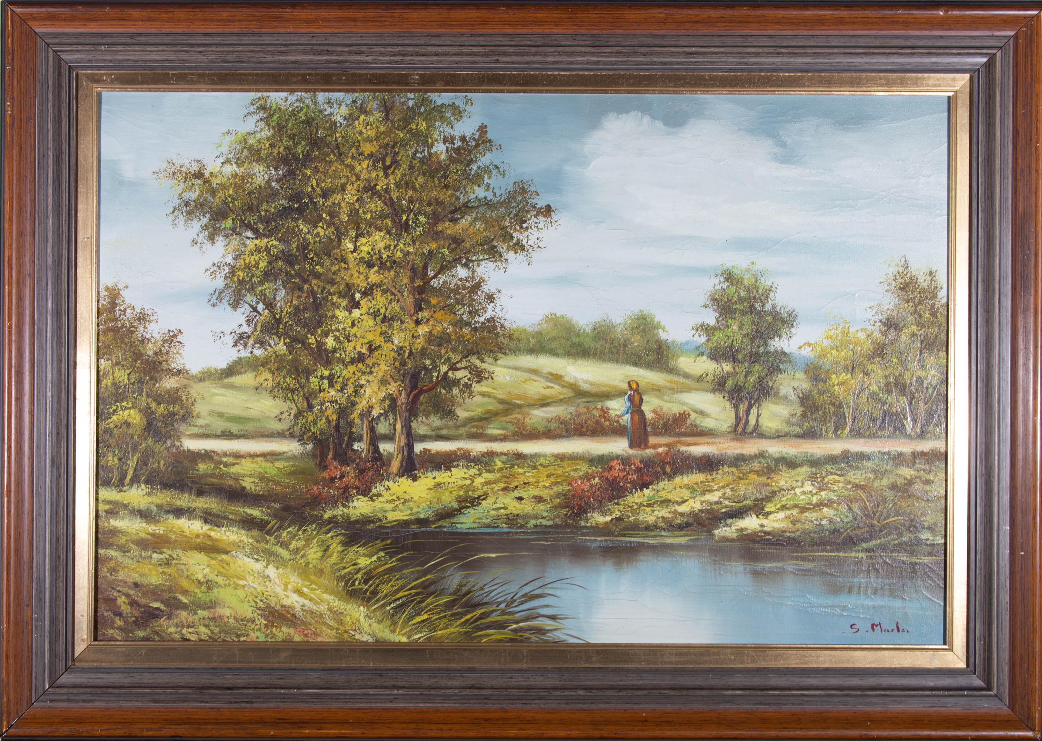 A charming oil painting by S. Marla, depicting a rural landscape scene with a figure. Signed to the lower right-hand corner. Presented in a gilt-effect slip and in distressed, wood-effect frame. On canvas on stretchers.
