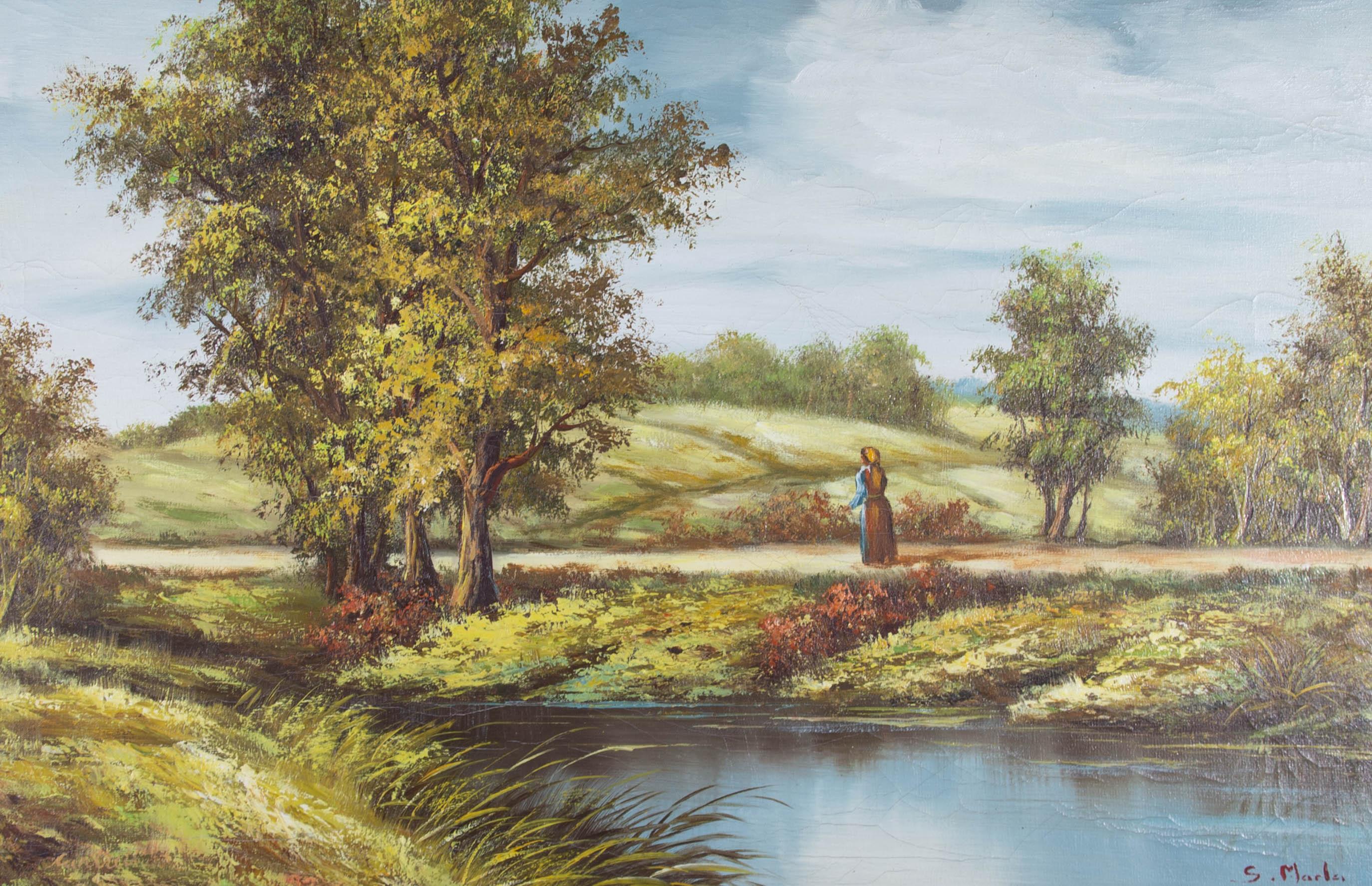 A charming oil painting by S. Marla, depicting a rural landscape scene with a figure. Signed to the lower right-hand corner. Presented in a gilt-effect slip and in distressed, wood-effect frame. On canvas on stretchers.
