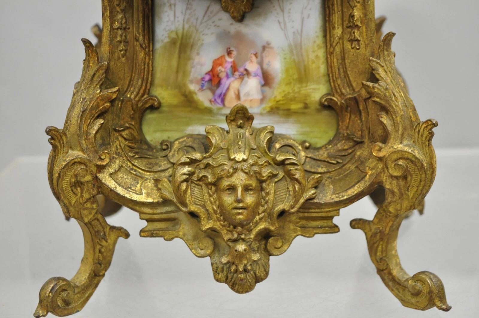 S. Marti Medaille de Bronze Gold French Victorian Porcelain Figural Shelf Clock In Good Condition For Sale In Philadelphia, PA