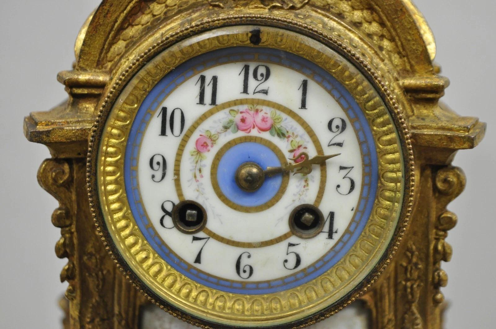 Metal S. Marti Medaille de Bronze Gold French Victorian Porcelain Figural Shelf Clock For Sale