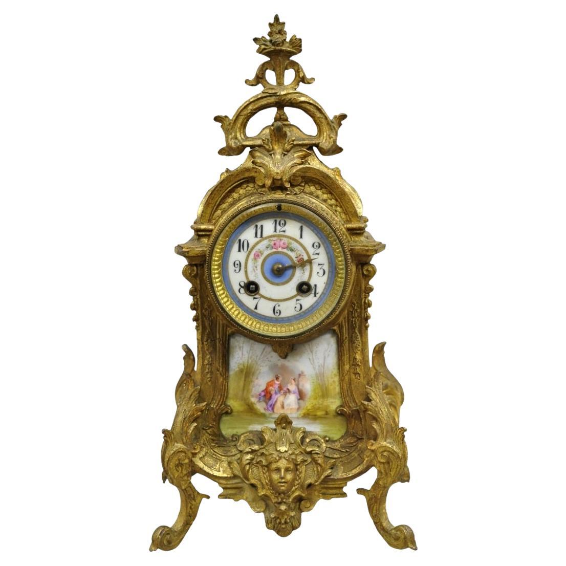 S. Marti Medaille de Bronze Gold French Victorian Porcelain Figural Shelf Clock For Sale